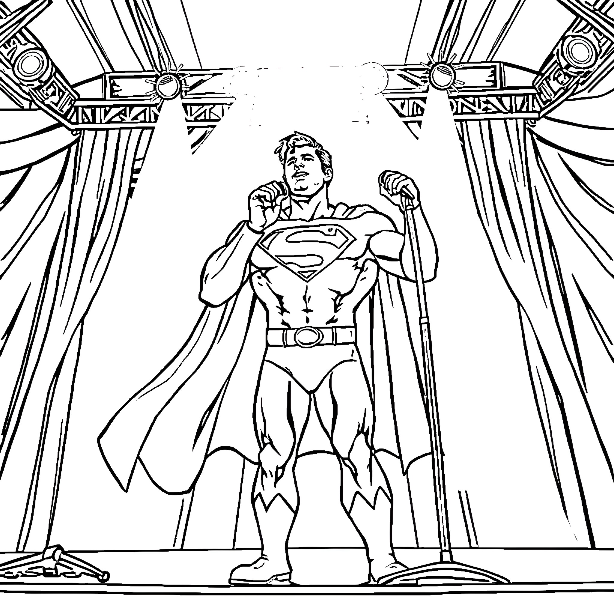 Superman's Heroic Stance in Dramatic Lighting Coloring Page (free black-and-white line drawing printable PDF for all, from beginners to advanced learners, including children, teens, adults, and seniors)
