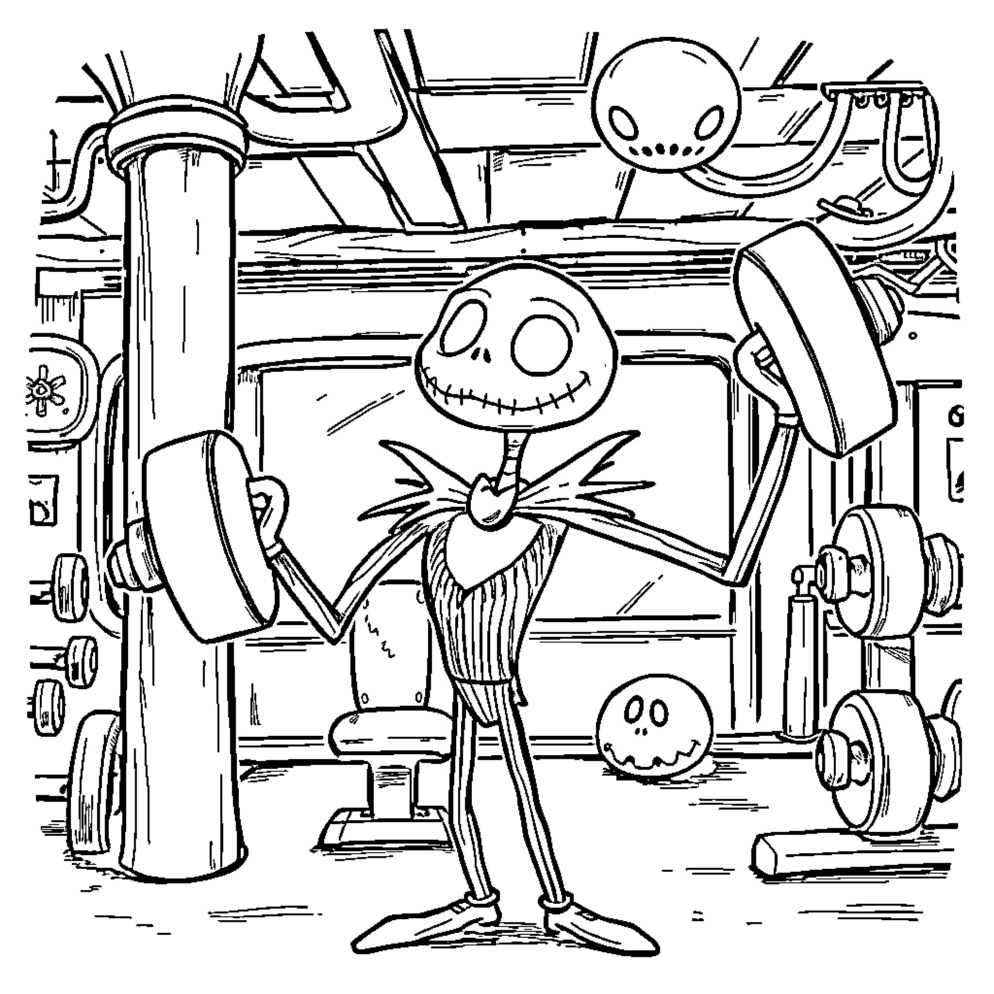 Jack Skellington in a whimsical, mechanical workshop Coloring Page (free black-and-white line drawing printable PDF for all, from beginners to advanced learners, including children, teens, adults, and seniors)
