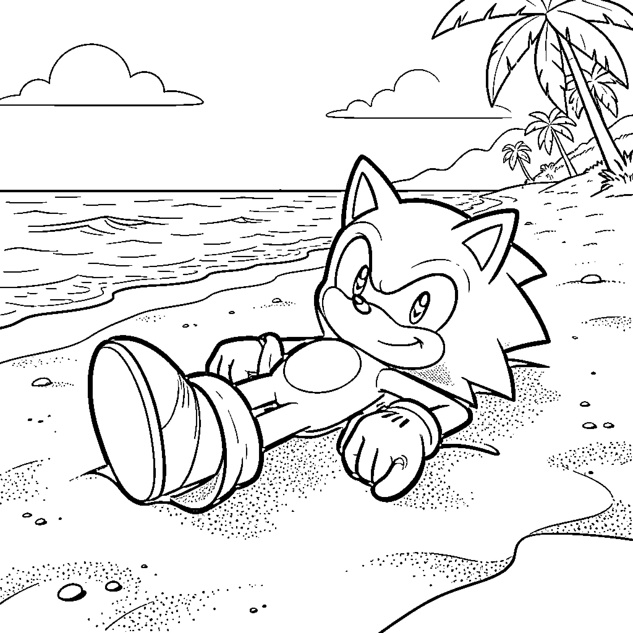 Sonic relaxing and lounging on a sandy beach Coloring Page (free black-and-white line drawing printable PDF for all, from beginners to advanced learners, including children, teens, adults, and seniors)