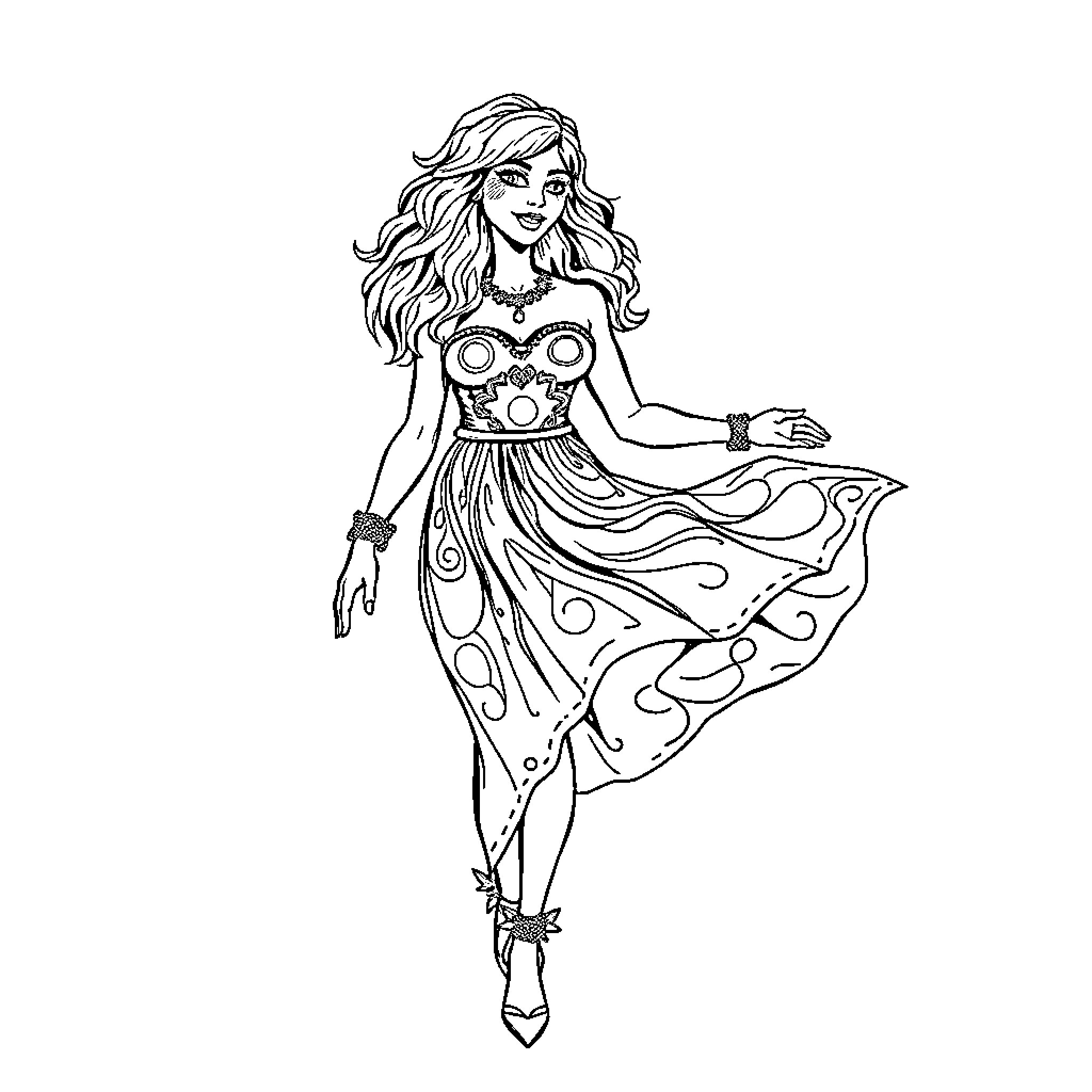 Rock Goddess in Flowing Outfit Coloring Page (free black-and-white line drawing printable PDF for all, from beginners to advanced learners, including children, teens, adults, and seniors)