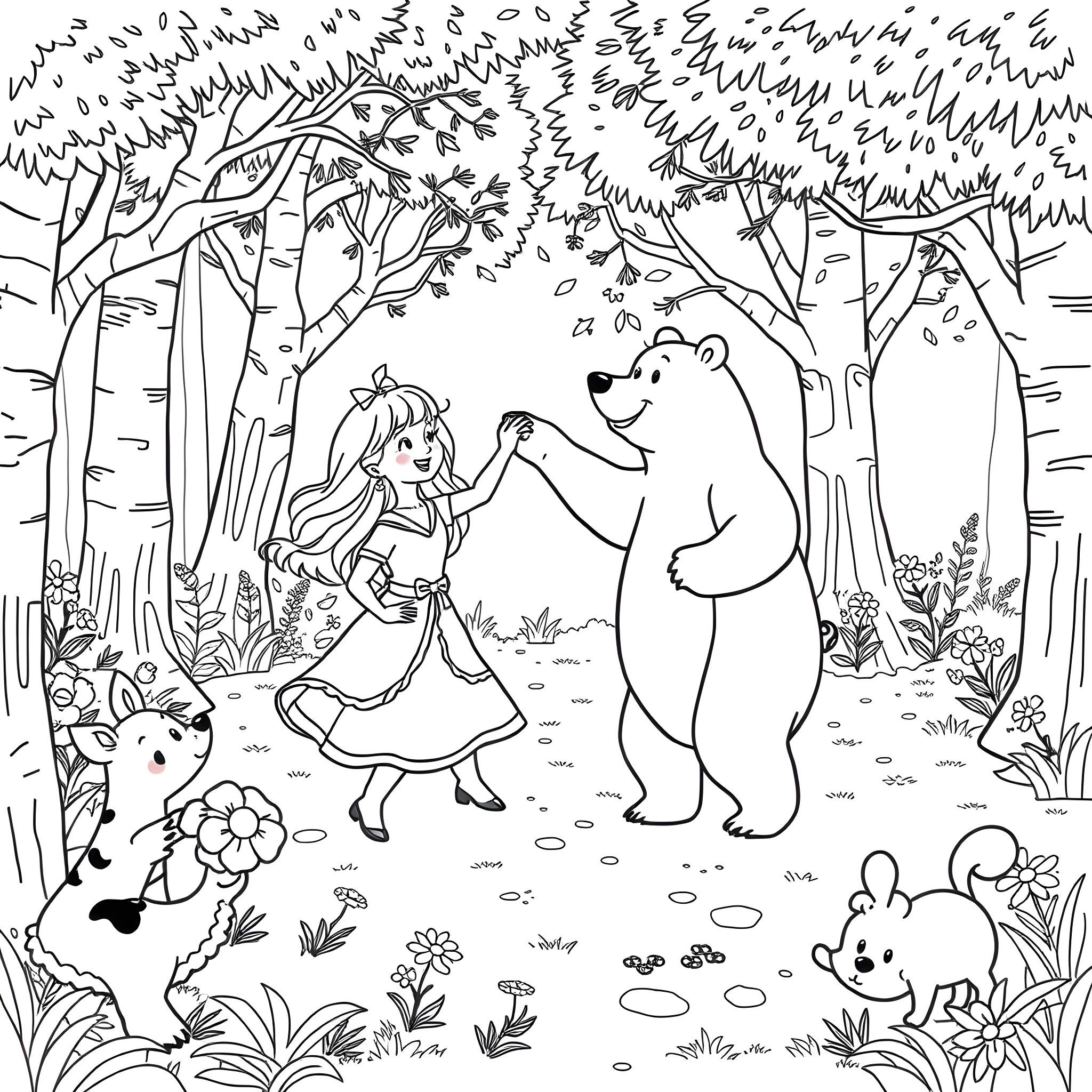Marsha's Enchanting Forest Adventure Coloring Page (free black-and-white line drawing printable PDF for all, from beginners to advanced learners, including children, teens, adults, and seniors)