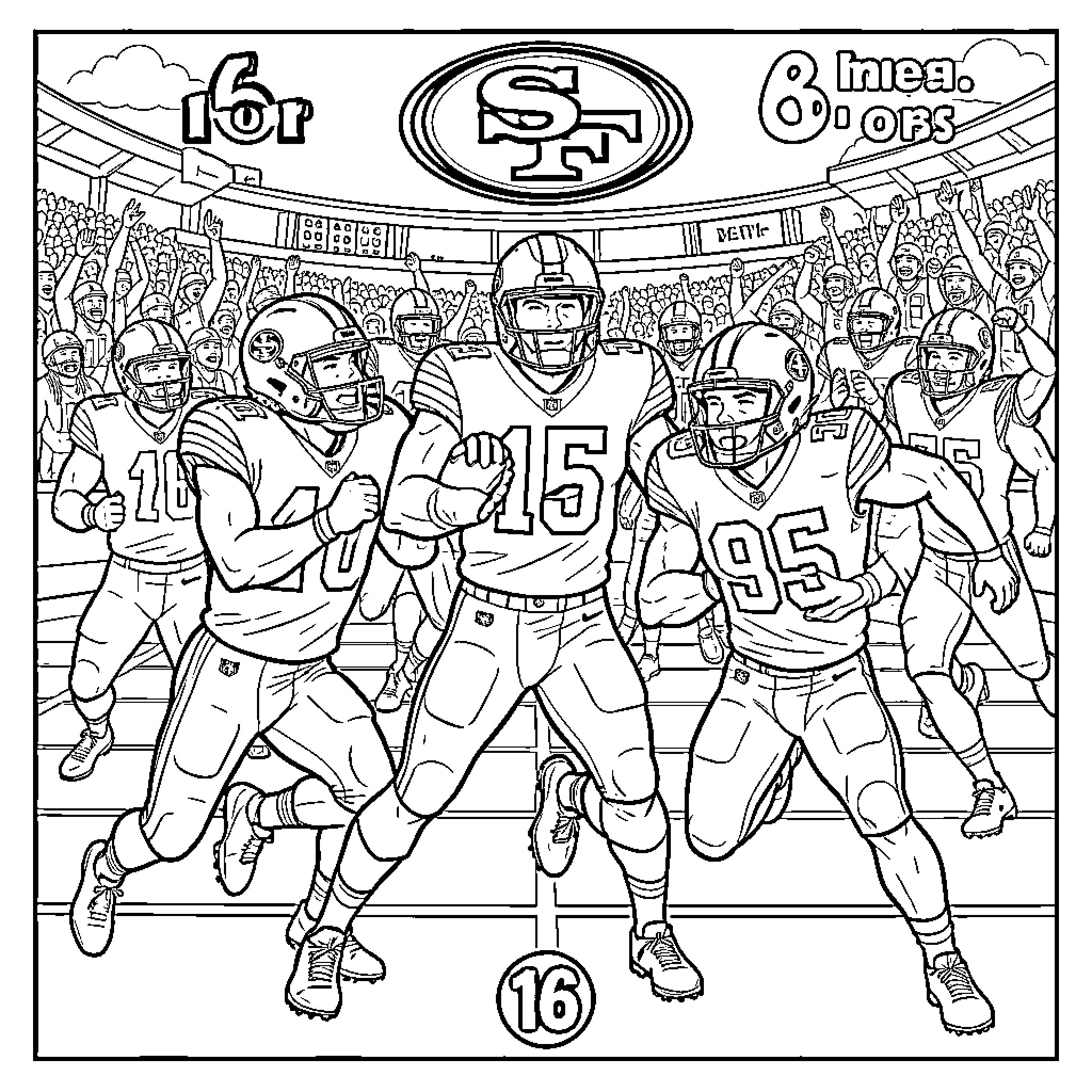 49ers football players in a stadium game scene Coloring Page (free black-and-white line drawing printable PDF for all, from beginners to advanced learners, including children, teens, adults, and seniors)