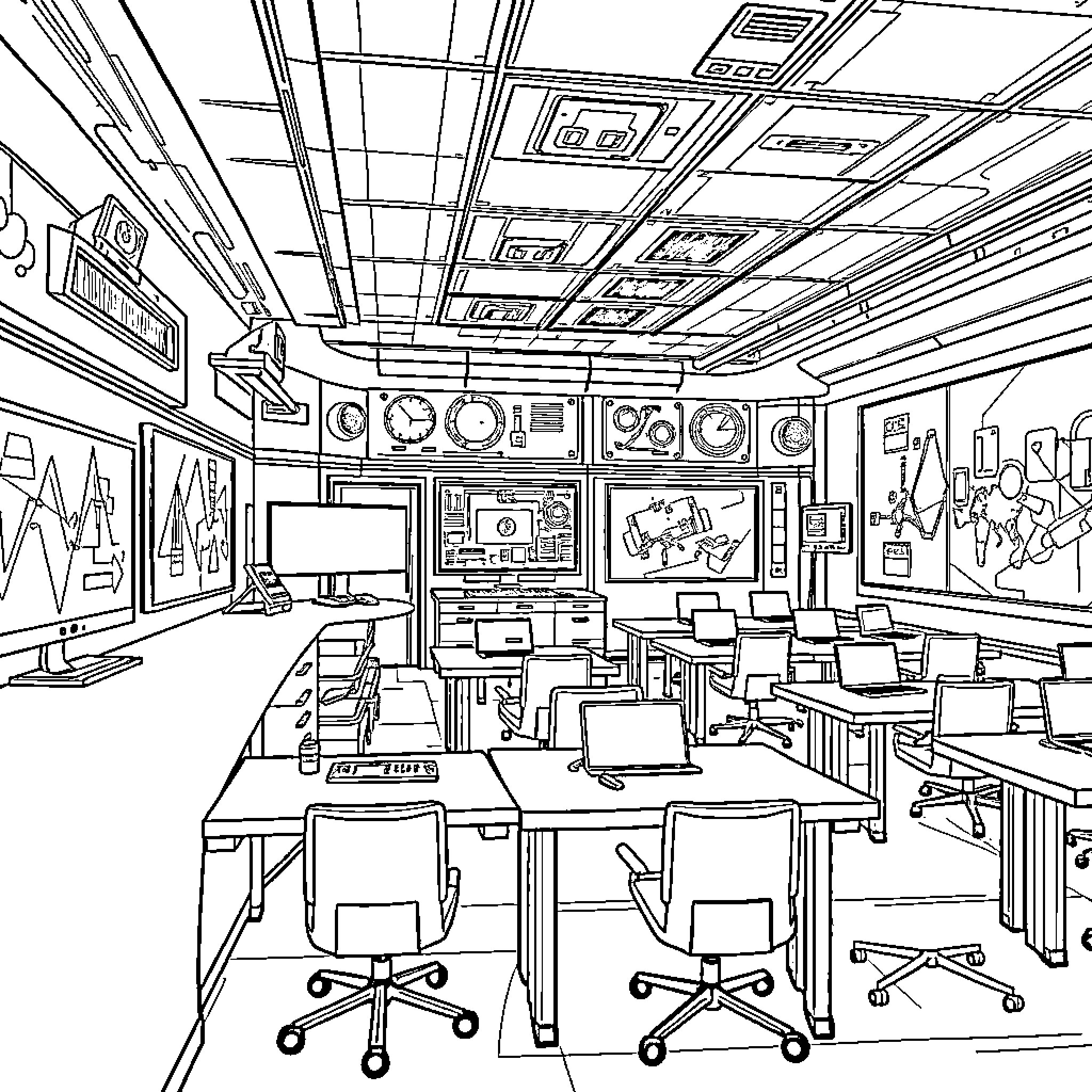 Classroom with Desks, Computers, and Instructional Materials Coloring Page (free black-and-white line drawing printable PDF for all, from beginners to advanced learners, including children, teens, adults, and seniors)