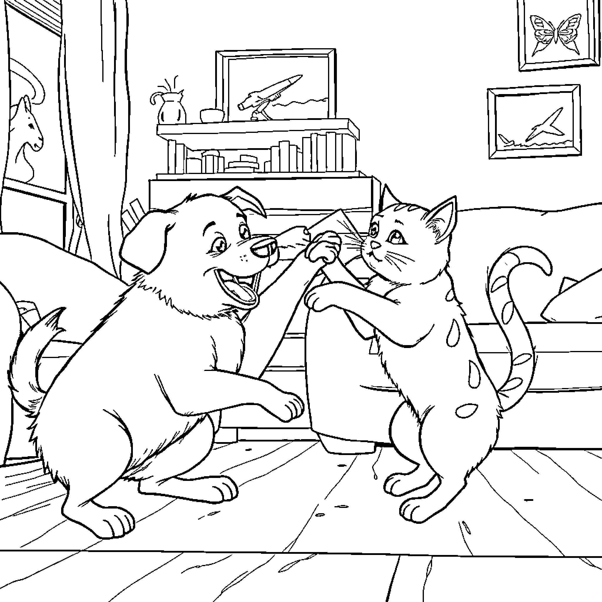 Dog and Cat Playing Together in Room Coloring Page (free black-and-white line drawing printable PDF for all, from beginners to advanced learners, including children, teens, adults, and seniors)