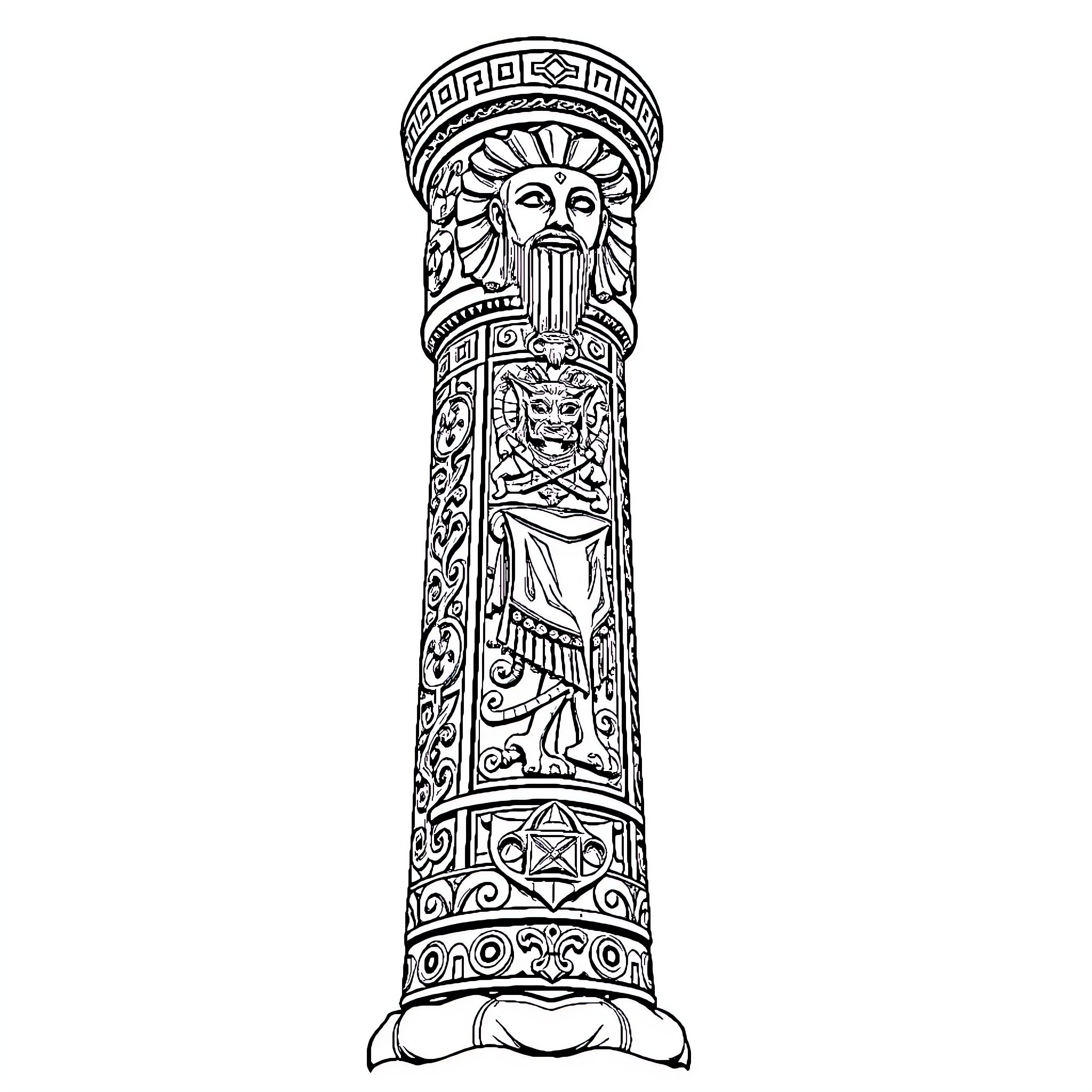 Totem depicting ornate religious imagery Coloring Page (free black-and-white line drawing printable PDF for all, from beginners to advanced learners, including children, teens, adults, and seniors)