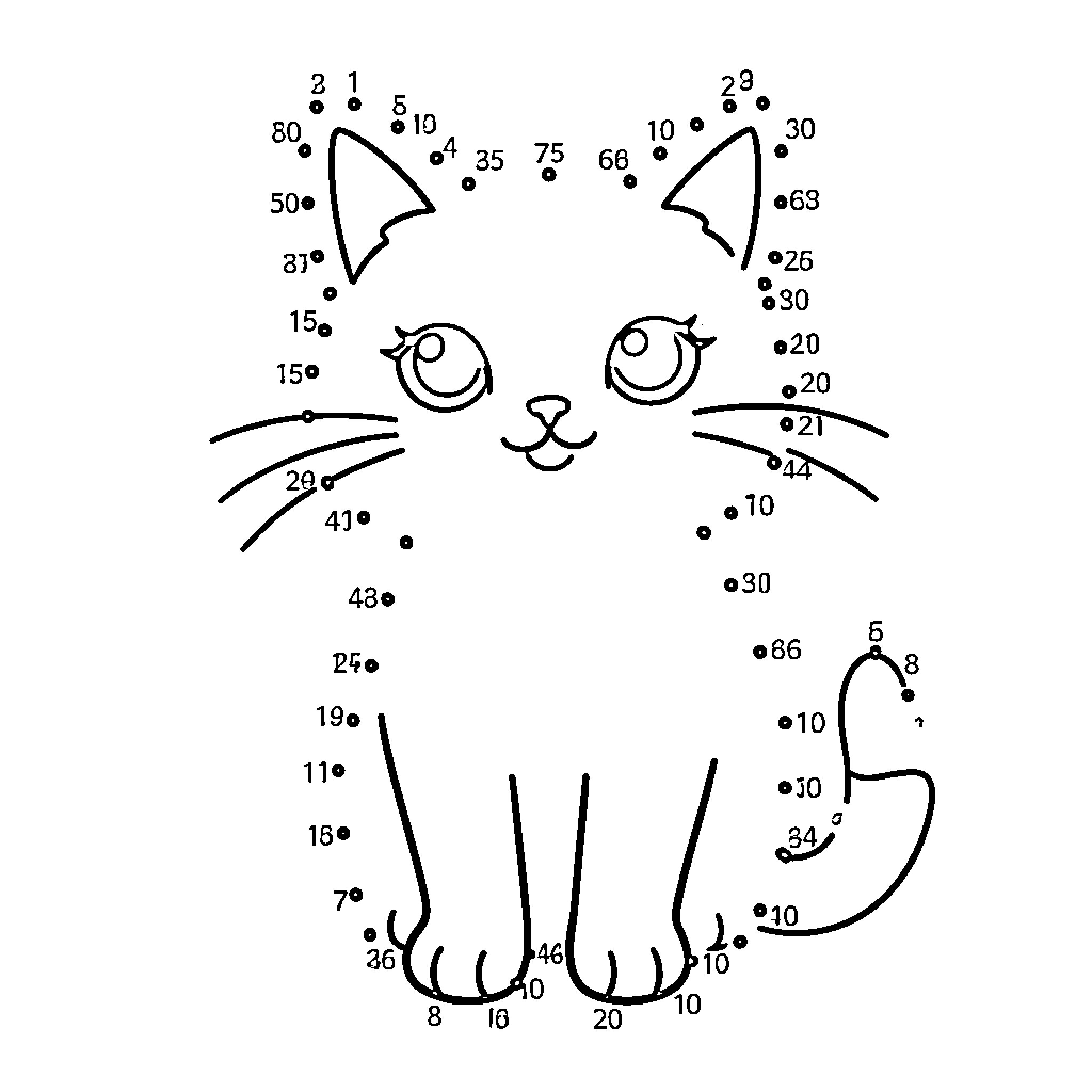 Cat Dot Connect Drawing Coloring Page (free black-and-white line drawing printable PDF for all, from beginners to advanced learners, including children, teens, adults, and seniors)