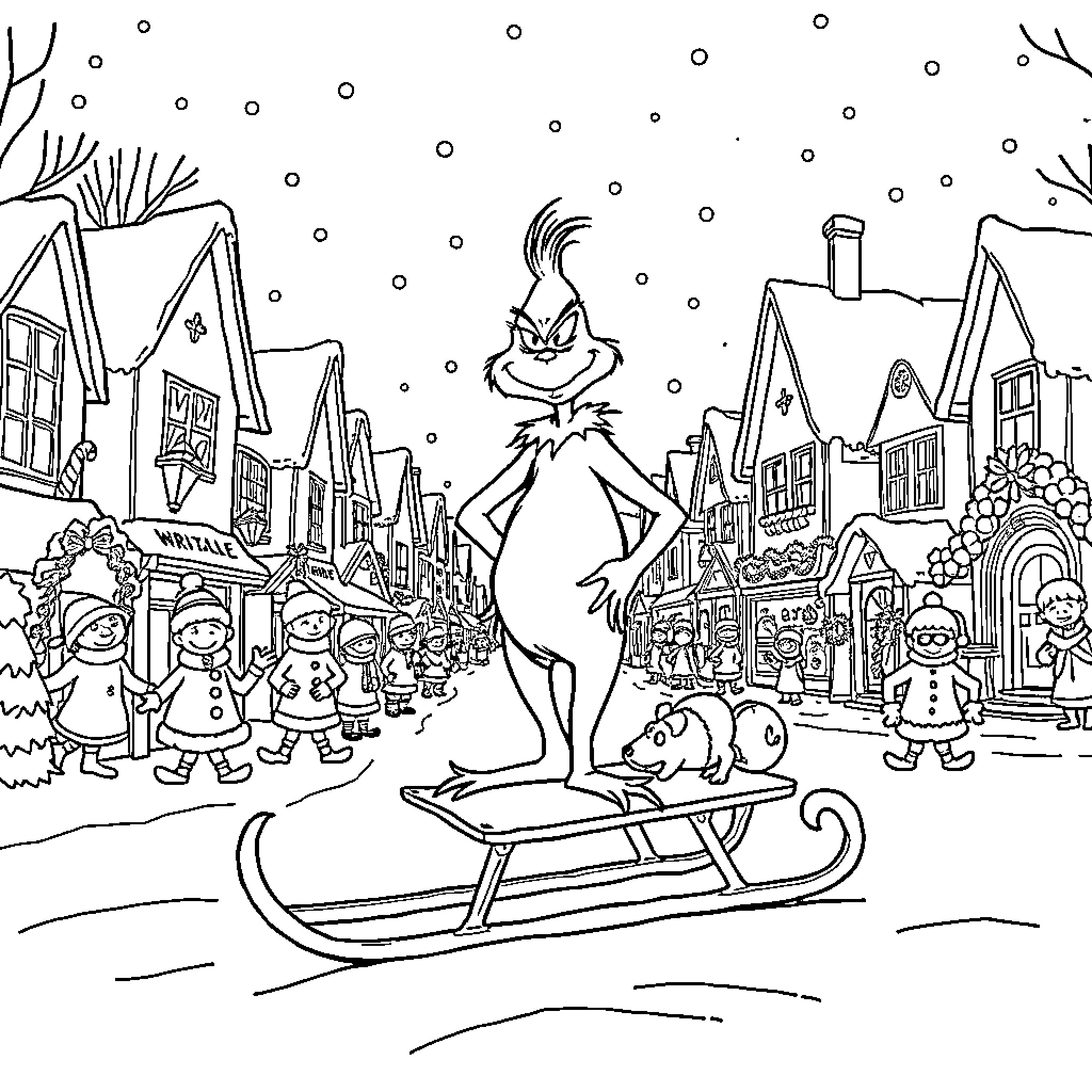 Grinch sledding through a snowy town Coloring Page (free black-and-white line drawing printable PDF for all, from beginners to advanced learners, including children, teens, adults, and seniors)
