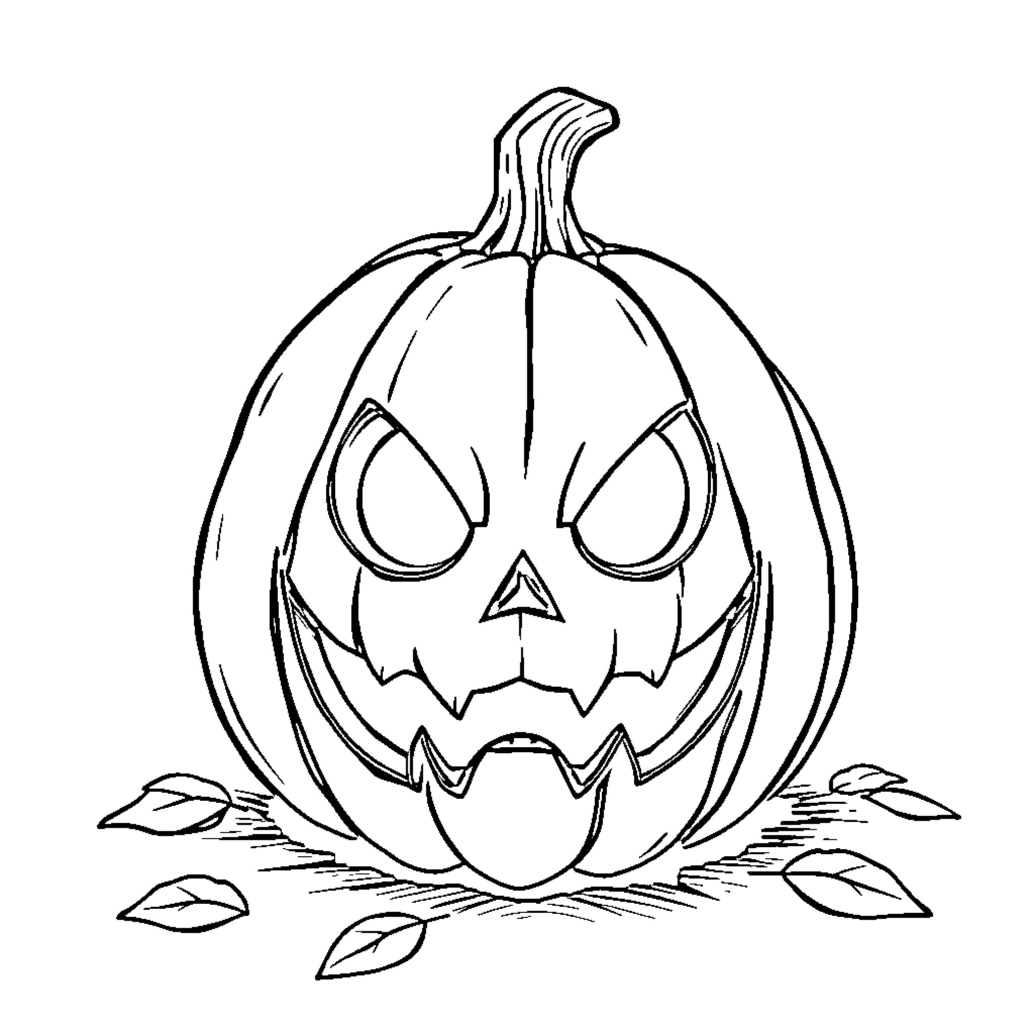 Pumpkin with spooky expression and leaves Coloring Page (free black-and-white line drawing printable PDF for all, from beginners to advanced learners, including children, teens, adults, and seniors)