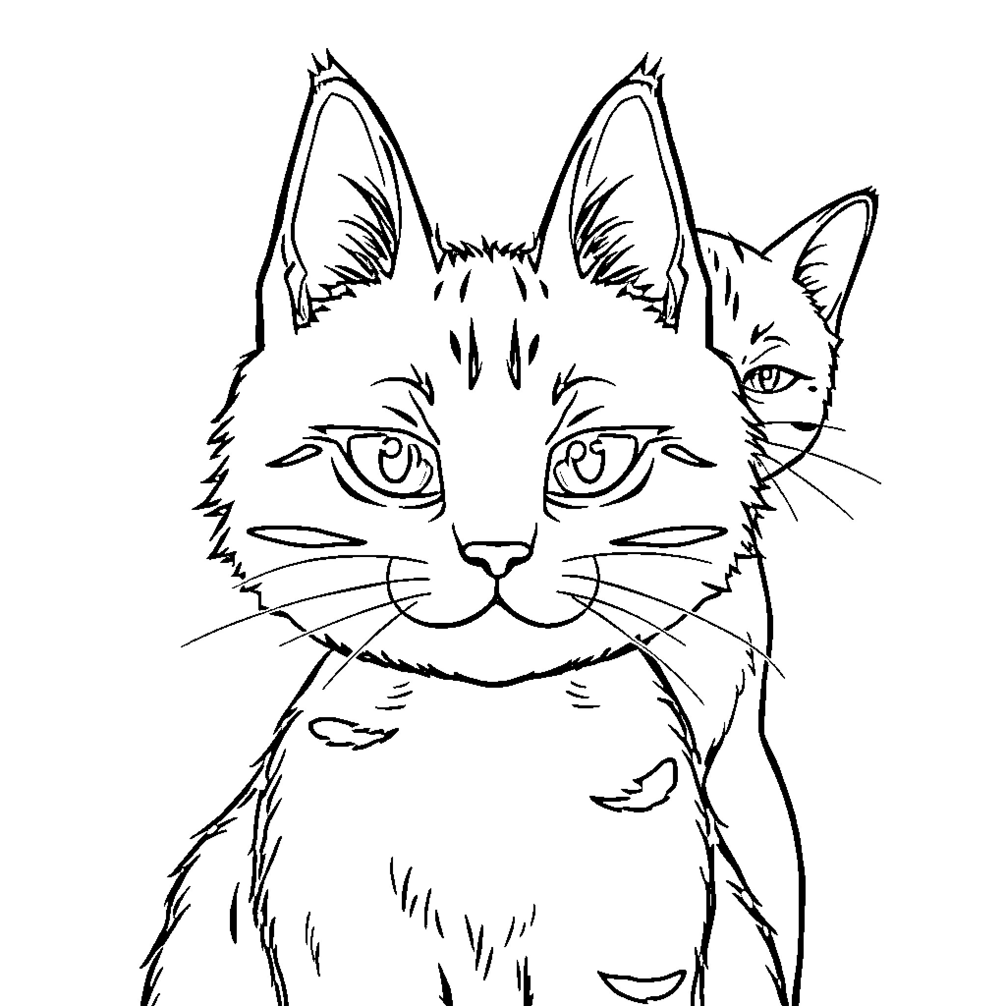 Cat with Fierce Expression Coloring Page (free black-and-white line drawing printable PDF for all, from beginners to advanced learners, including children, teens, adults, and seniors)