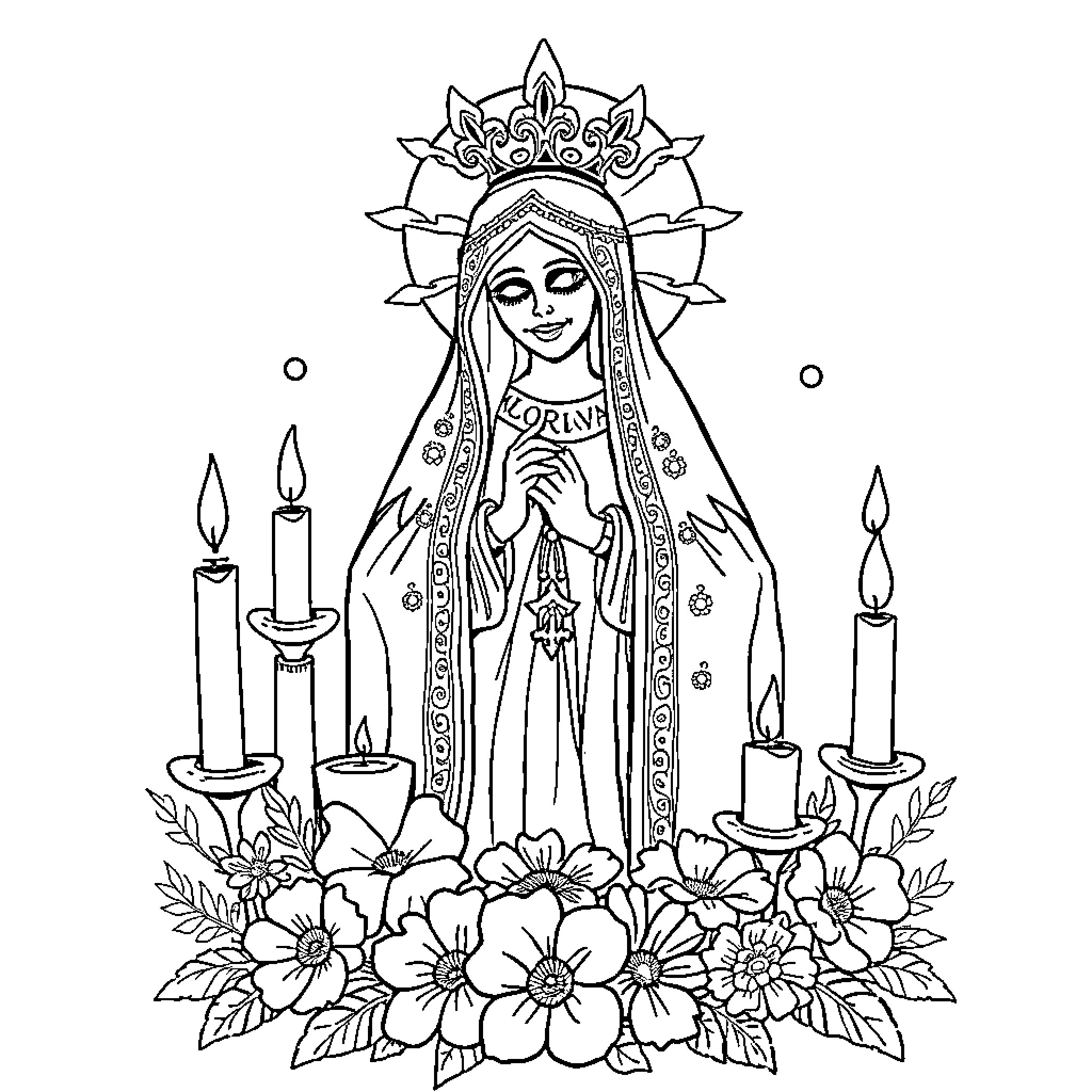 Santa Muerte with Floral Imagery and Candle Lights Coloring Page (free black-and-white line drawing printable PDF for all, from beginners to advanced learners, including children, teens, adults, and seniors)