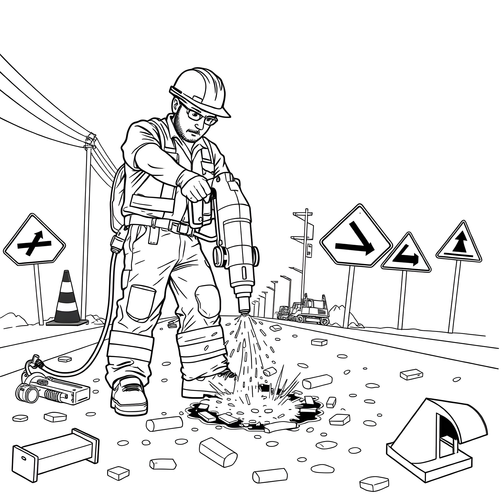 Jackhammer worker operating construction equipment on the road Coloring Page (free black-and-white line drawing printable PDF for all, from beginners to advanced learners, including children, teens, adults, and seniors)