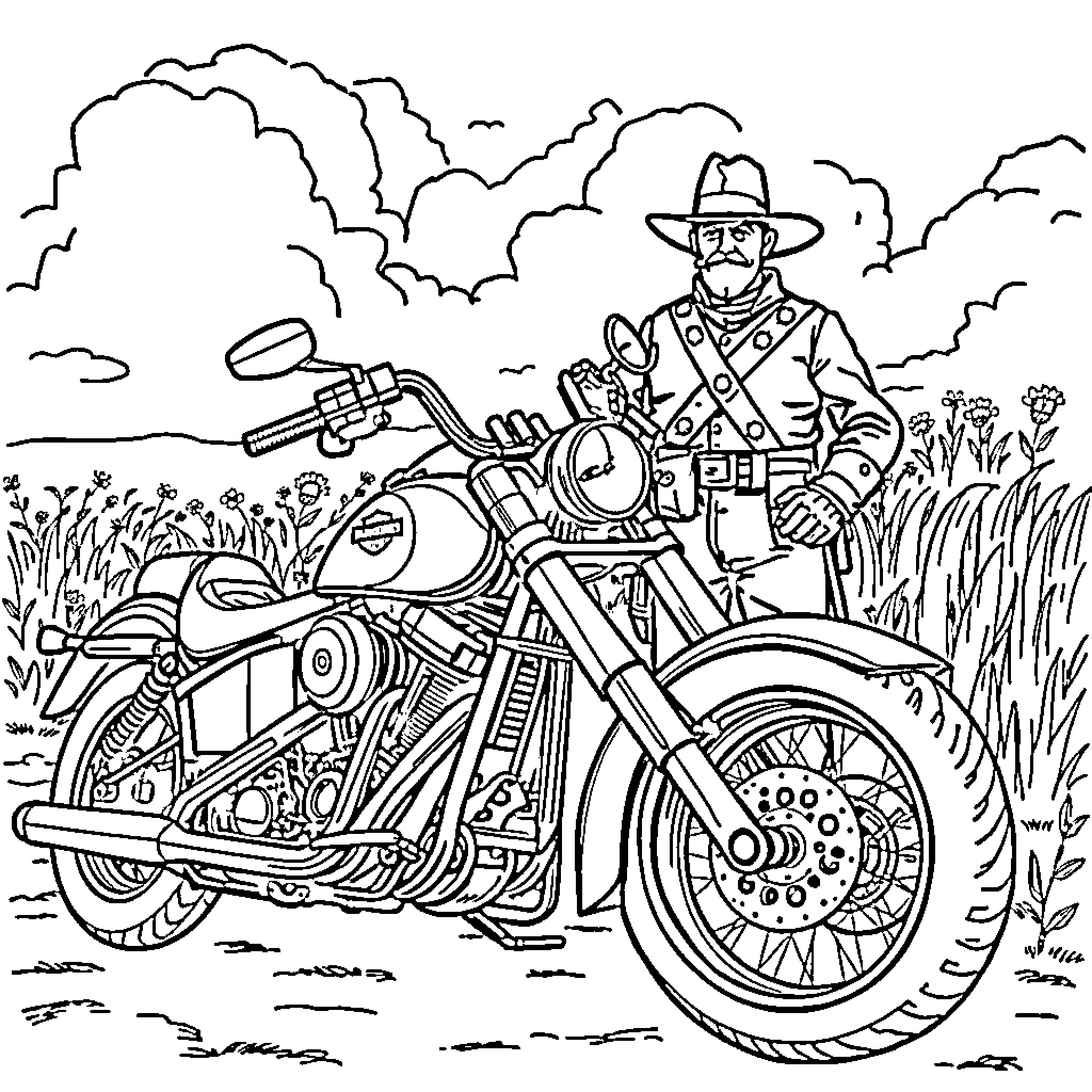 Harley Davidson Rider in Nature's Embrace Coloring Page (free black-and-white line drawing printable PDF for all, from beginners to advanced learners, including children, teens, adults, and seniors)