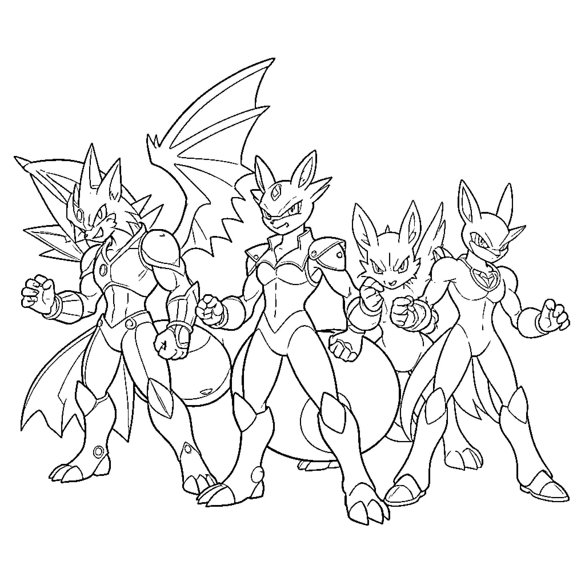 Pokémon characters standing together in powerful poses Coloring Page (free black-and-white line drawing printable PDF for all, from beginners to advanced learners, including children, teens, adults, and seniors)