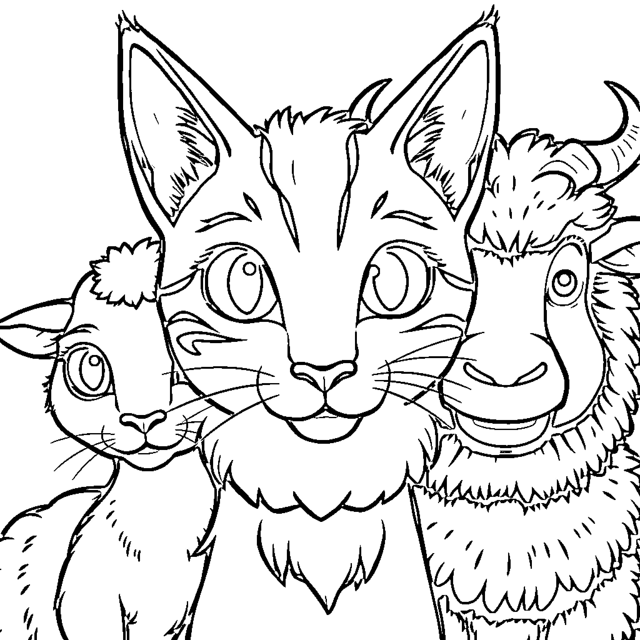 Gato cats with curious expressions Coloring Page (free black-and-white line drawing printable PDF for all, from beginners to advanced learners, including children, teens, adults, and seniors)
