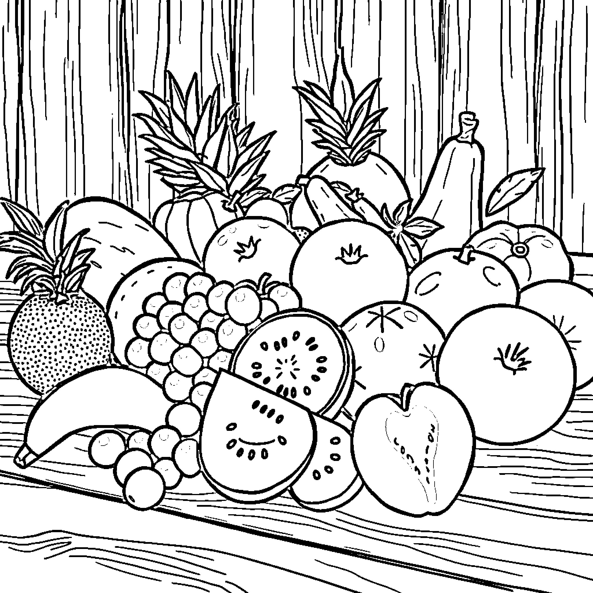 Fruit Basket with Various Produce Coloring Page (free black-and-white line drawing printable PDF for all, from beginners to advanced learners, including children, teens, adults, and seniors)