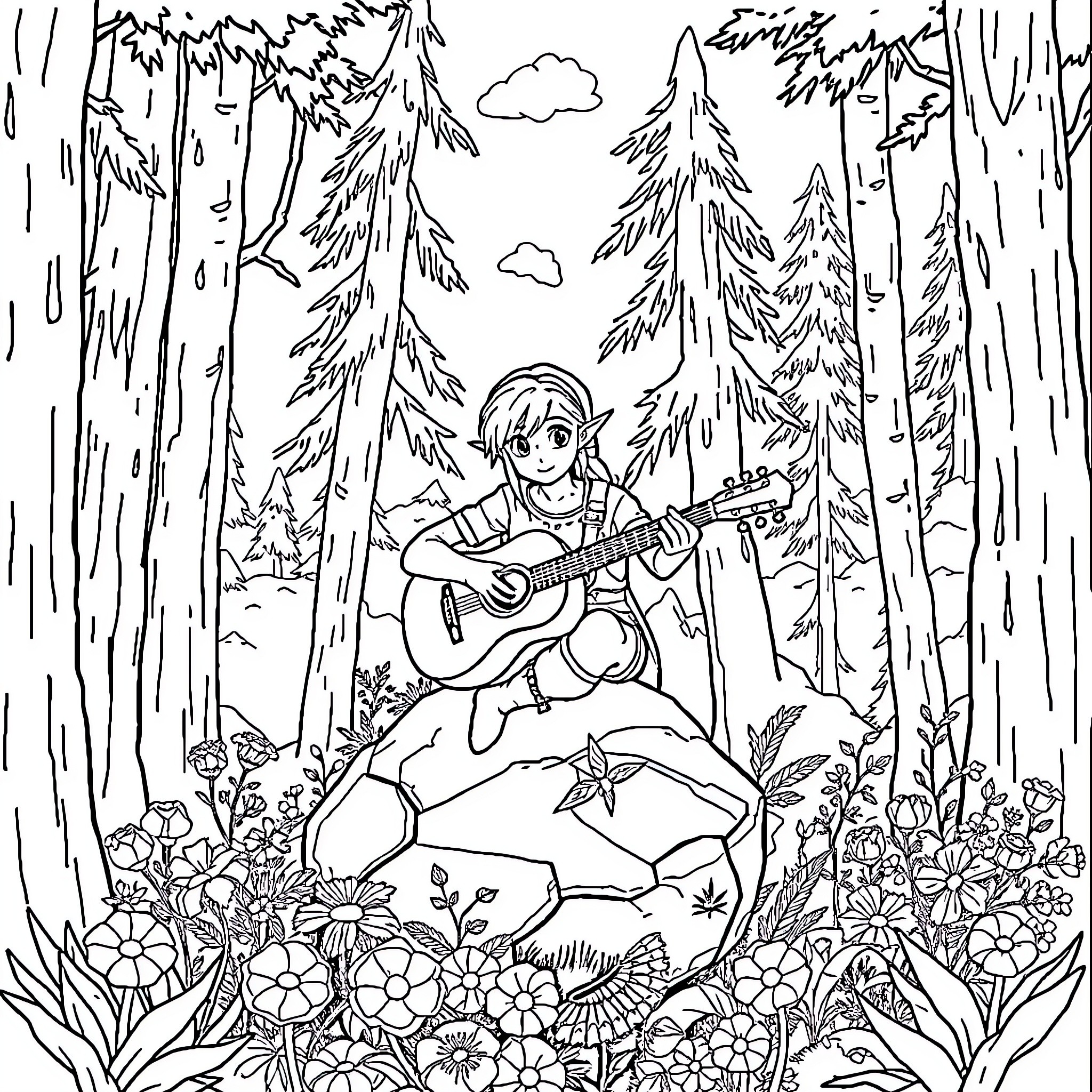 Link playing guitar in forest Coloring Page (free black-and-white line drawing printable PDF for all, from beginners to advanced learners, including children, teens, adults, and seniors)