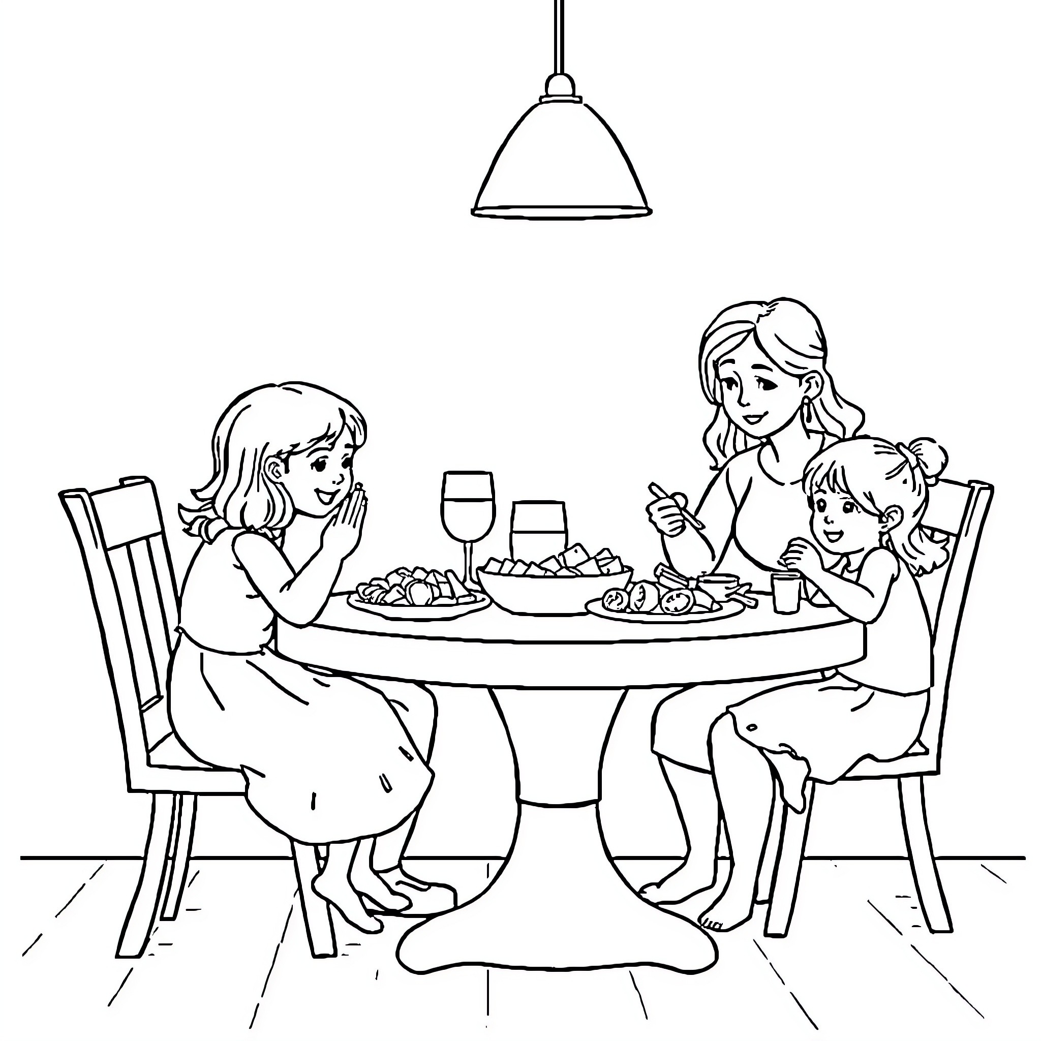 Familie enjoying dinner together at the table Coloring Page (free black-and-white line drawing printable PDF for all, from beginners to advanced learners, including children, teens, adults, and seniors)