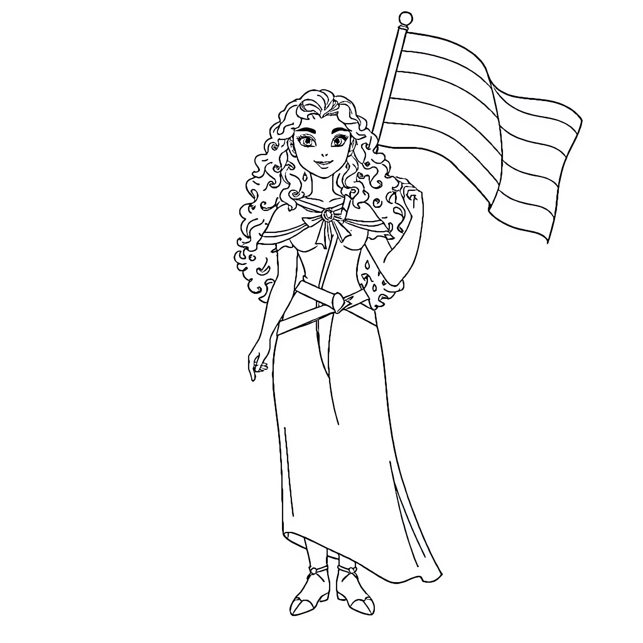Princess waving a flag with a proud expression Coloring Page (free black-and-white line drawing printable PDF for all, from beginners to advanced learners, including children, teens, adults, and seniors)