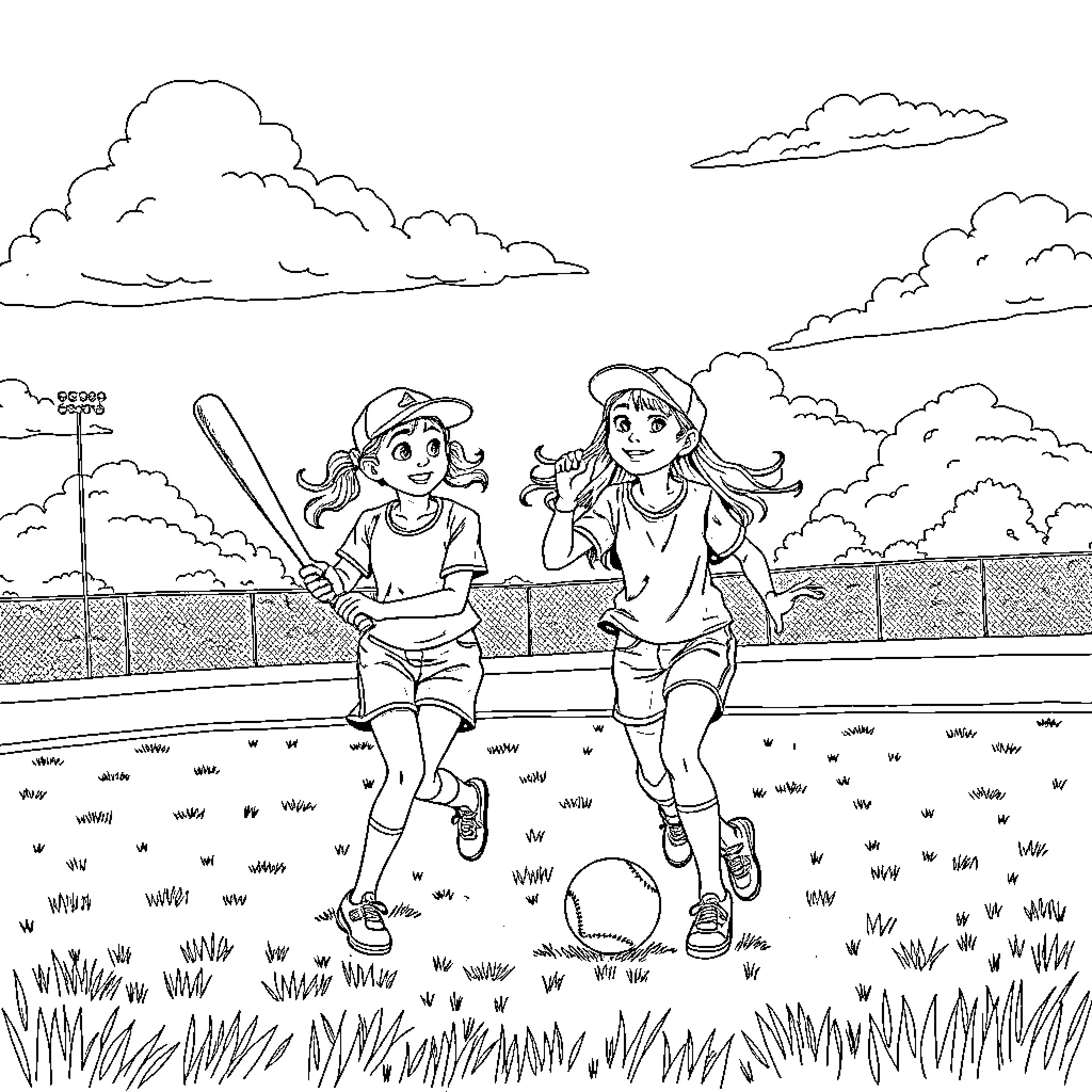 Girls playing joyfully in the park Coloring Page (free black-and-white line drawing printable PDF for all, from beginners to advanced learners, including children, teens, adults, and seniors)