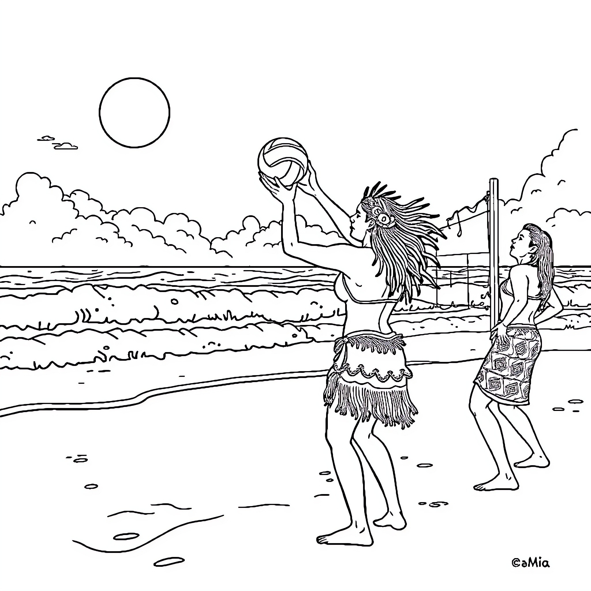 Adult playing volleyball on the beach Coloring Page (free black-and-white line drawing printable PDF for all, from beginners to advanced learners, including children, teens, adults, and seniors)