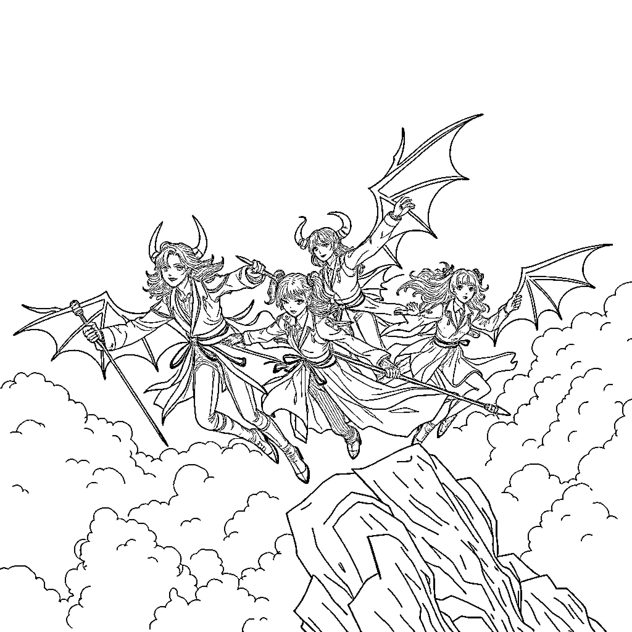 Kpop Demon Hunters Battling in the Skies Coloring Page (free black-and-white line drawing printable PDF for all, from beginners to advanced learners, including children, teens, adults, and seniors)