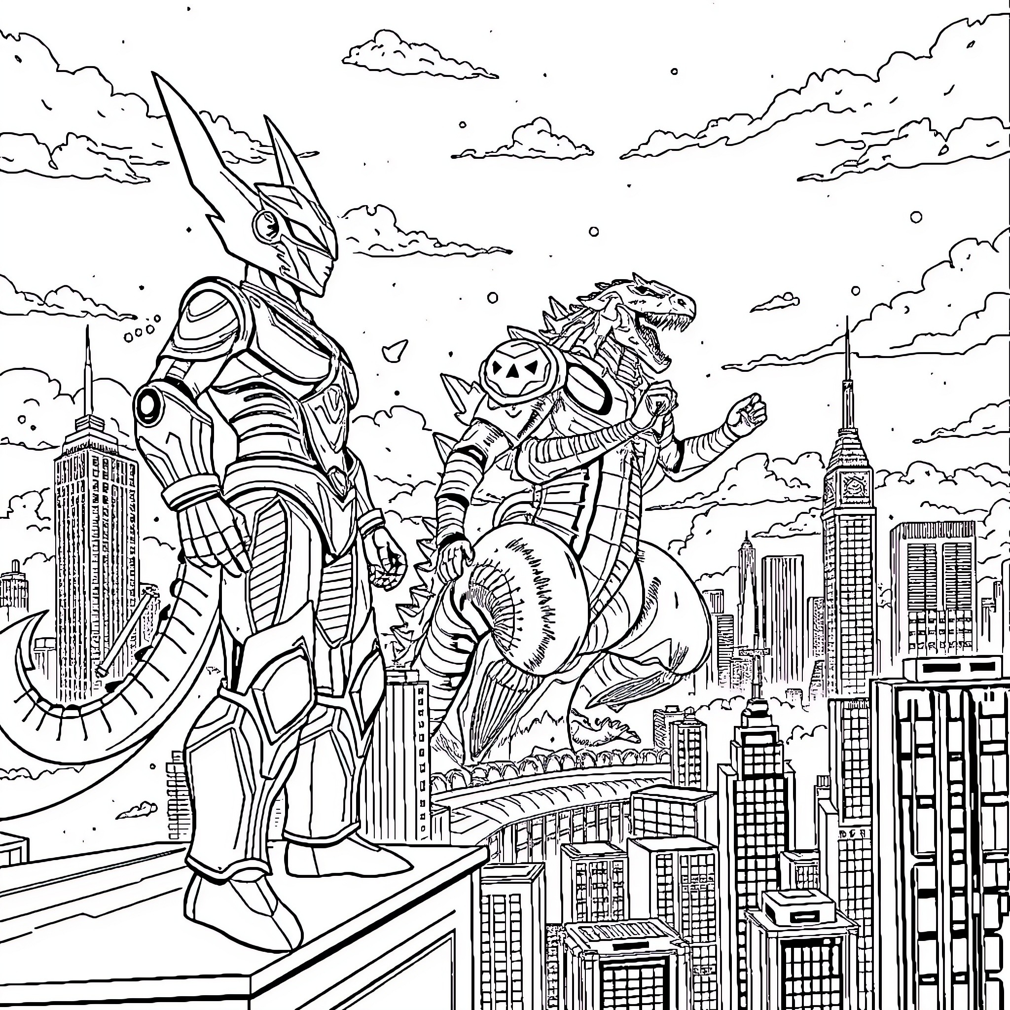 Ultraman heroes battling giant monsters in the city Coloring Page (free black-and-white line drawing printable PDF for all, from beginners to advanced learners, including children, teens, adults, and seniors)