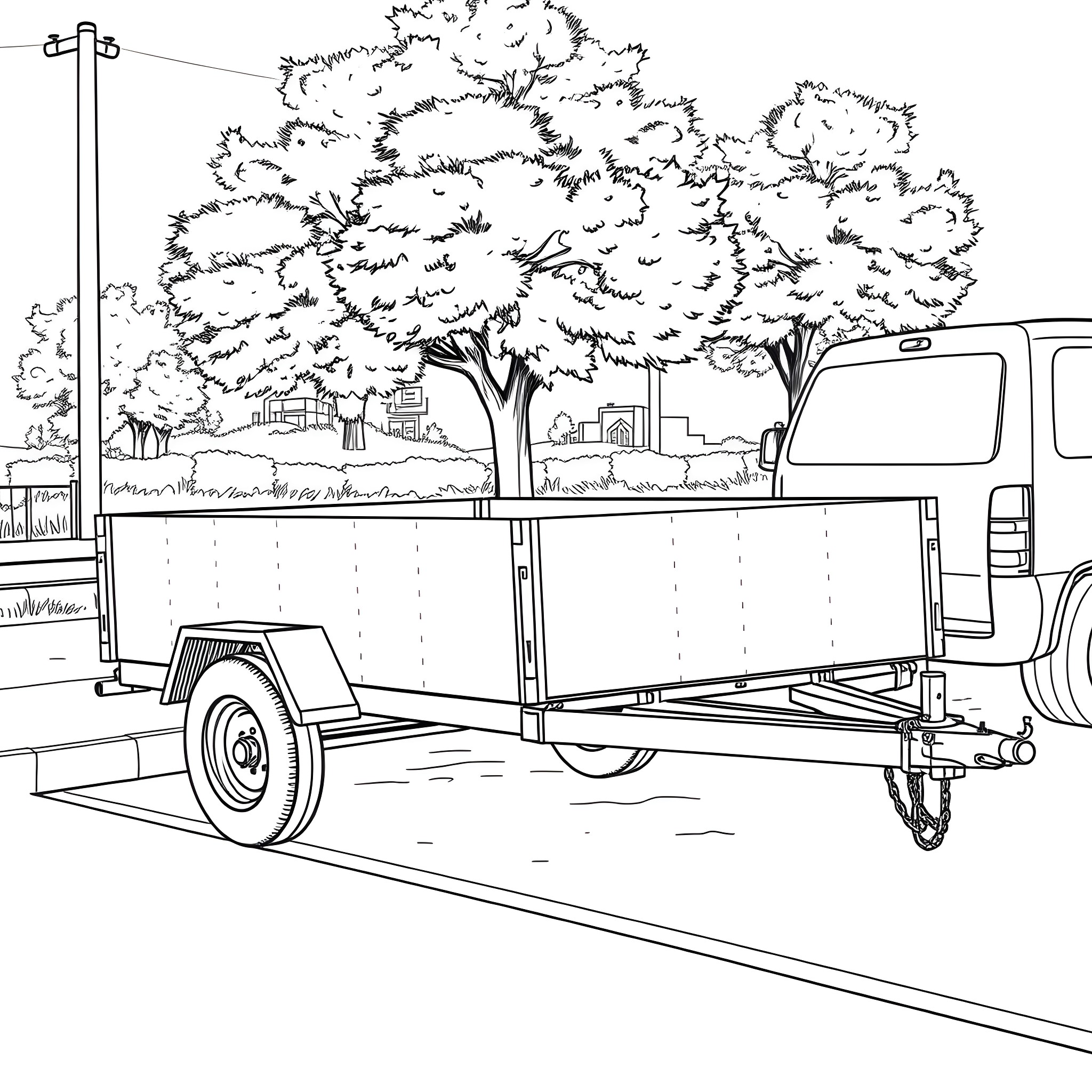 Car Trailer Carrying Construction Supplies on Road Coloring Page (free black-and-white line drawing printable PDF for all, from beginners to advanced learners, including children, teens, adults, and seniors)