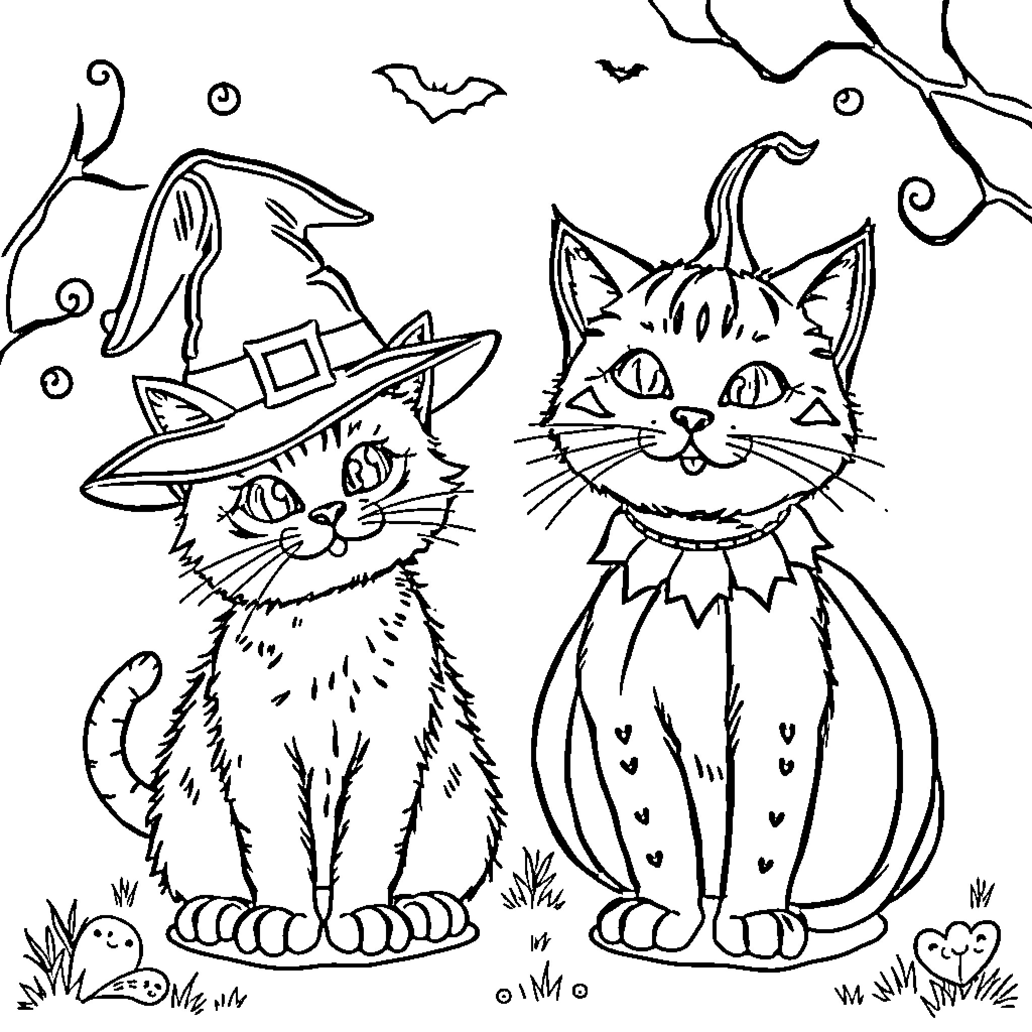 Cats in Halloween costumes Coloring Page (free black-and-white line drawing printable PDF for all, from beginners to advanced learners, including children, teens, adults, and seniors)