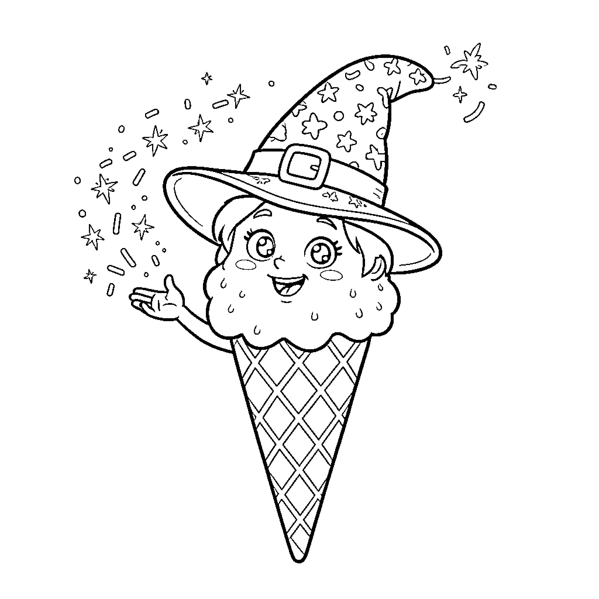 Ice Cream Cone with Whimsical Witch Hat Coloring Page (free black-and-white line drawing printable PDF for all, from beginners to advanced learners, including children, teens, adults, and seniors)