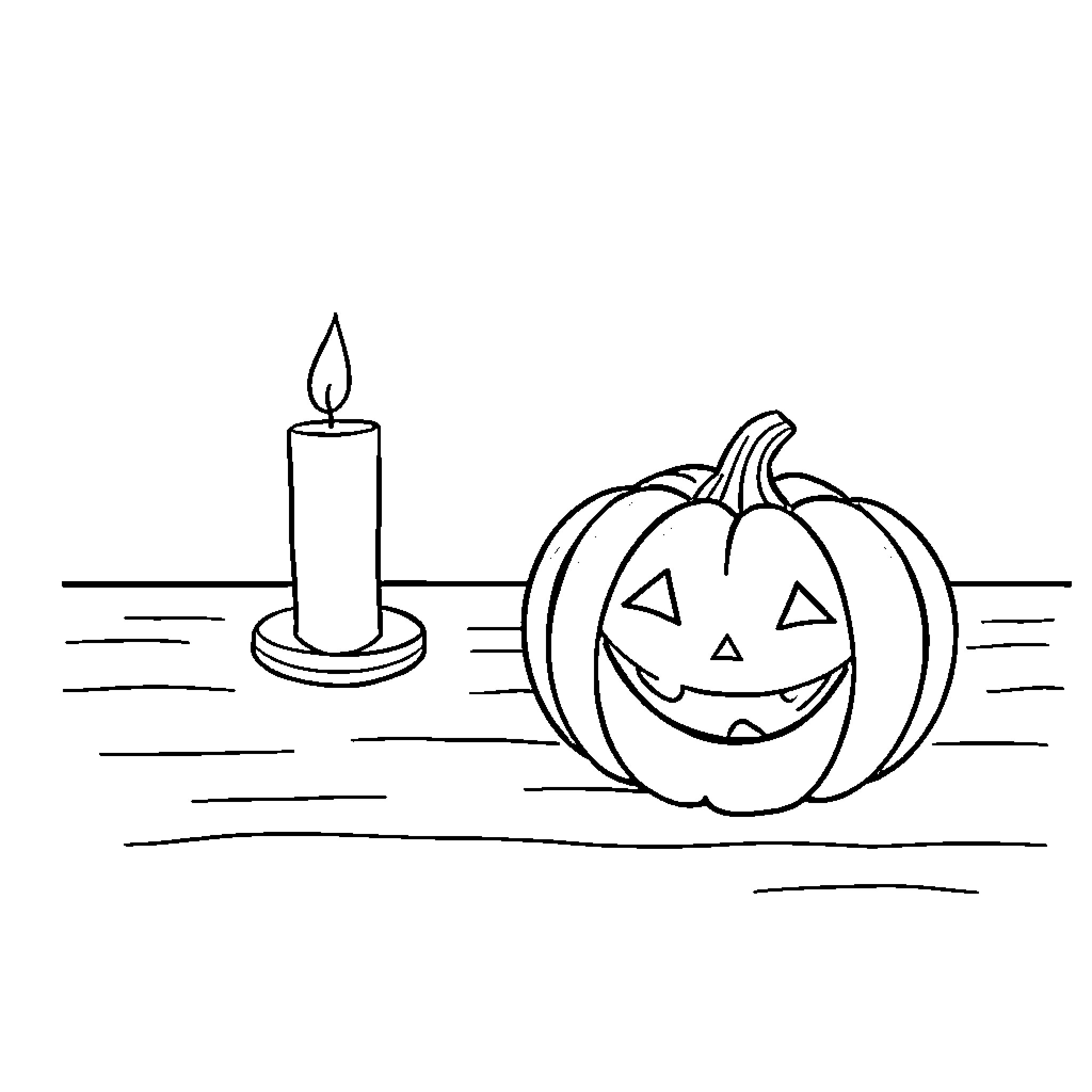 Candle and Carved Pumpkin Coloring Page (free black-and-white line drawing printable PDF for all, from beginners to advanced learners, including children, teens, adults, and seniors)