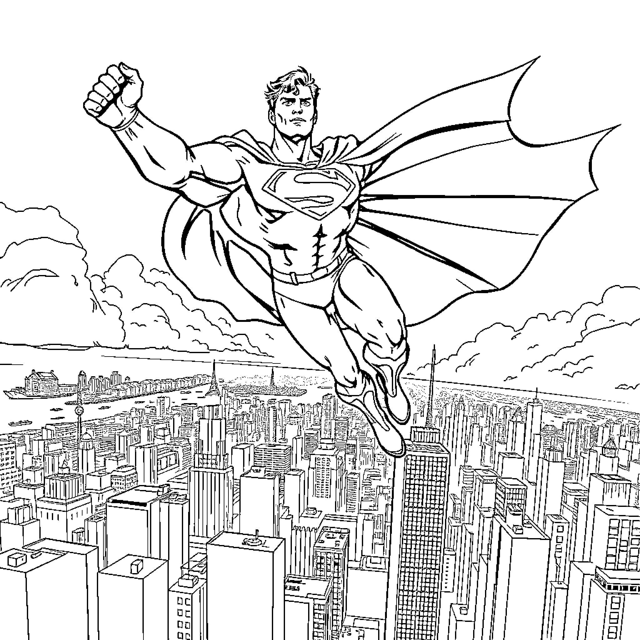 Superman soaring over a bustling city Coloring Page (free black-and-white line drawing printable PDF for all, from beginners to advanced learners, including children, teens, adults, and seniors)