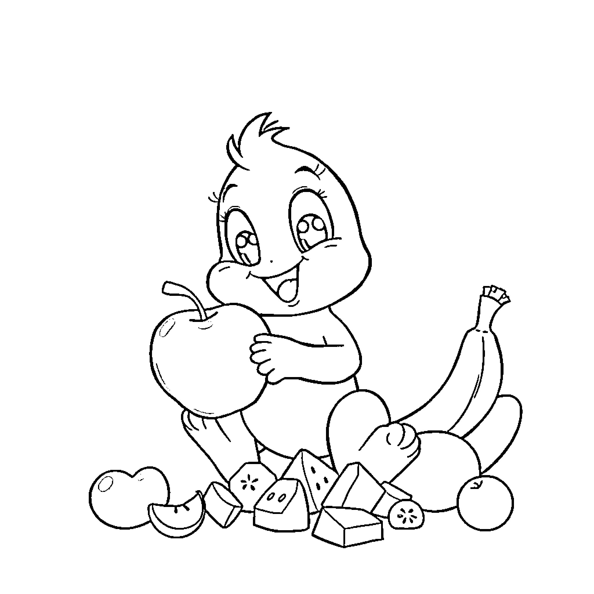 Bluey enjoying a variety of fruits and snacks Coloring Page (free black-and-white line drawing printable PDF for all, from beginners to advanced learners, including children, teens, adults, and seniors)