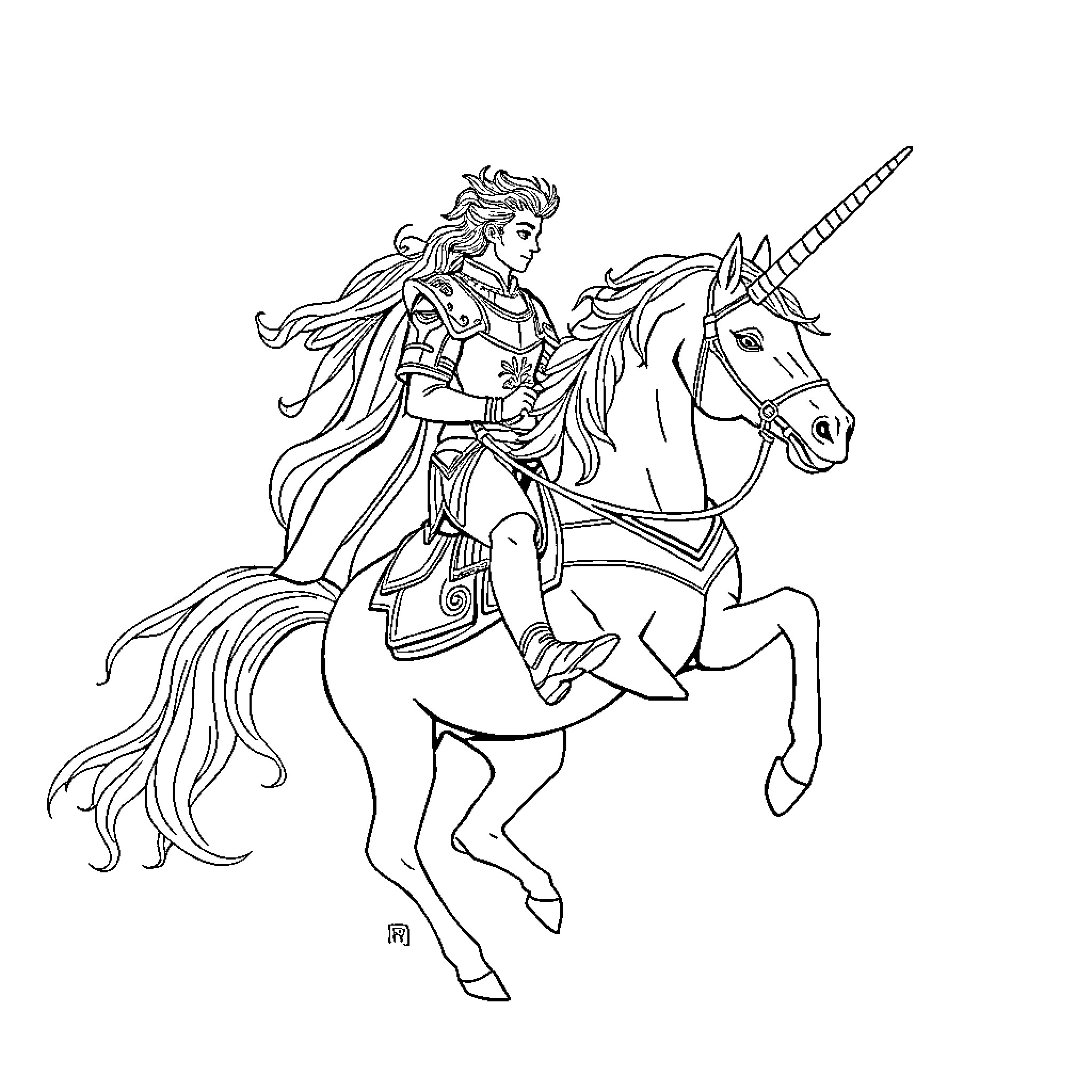 Knight riding majestic unicorn in mythical scene Coloring Page (free black-and-white line drawing printable PDF for all, from beginners to advanced learners, including children, teens, adults, and seniors)