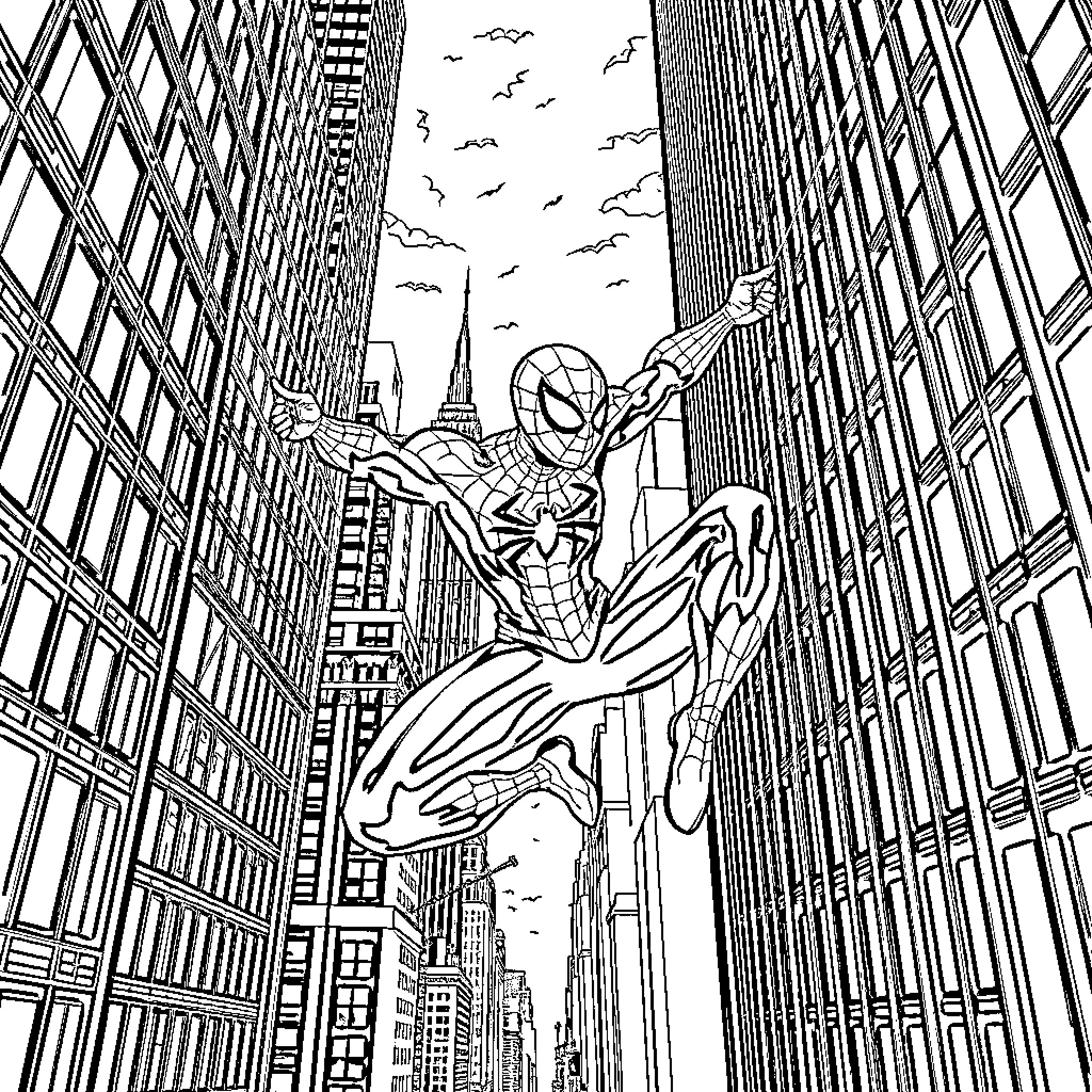 Spiderman swinging through the city skyline Coloring Page (free black-and-white line drawing printable PDF for all, from beginners to advanced learners, including children, teens, adults, and seniors)
