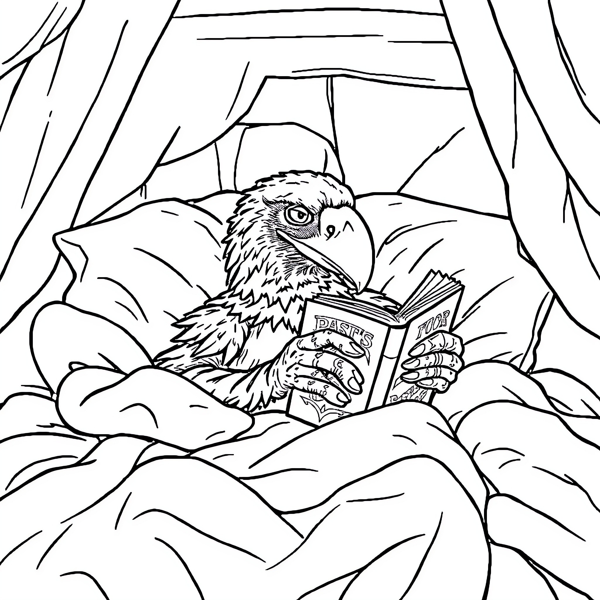 Raptor reading book in cozy nest Coloring Page (free black-and-white line drawing printable PDF for all, from beginners to advanced learners, including children, teens, adults, and seniors)
