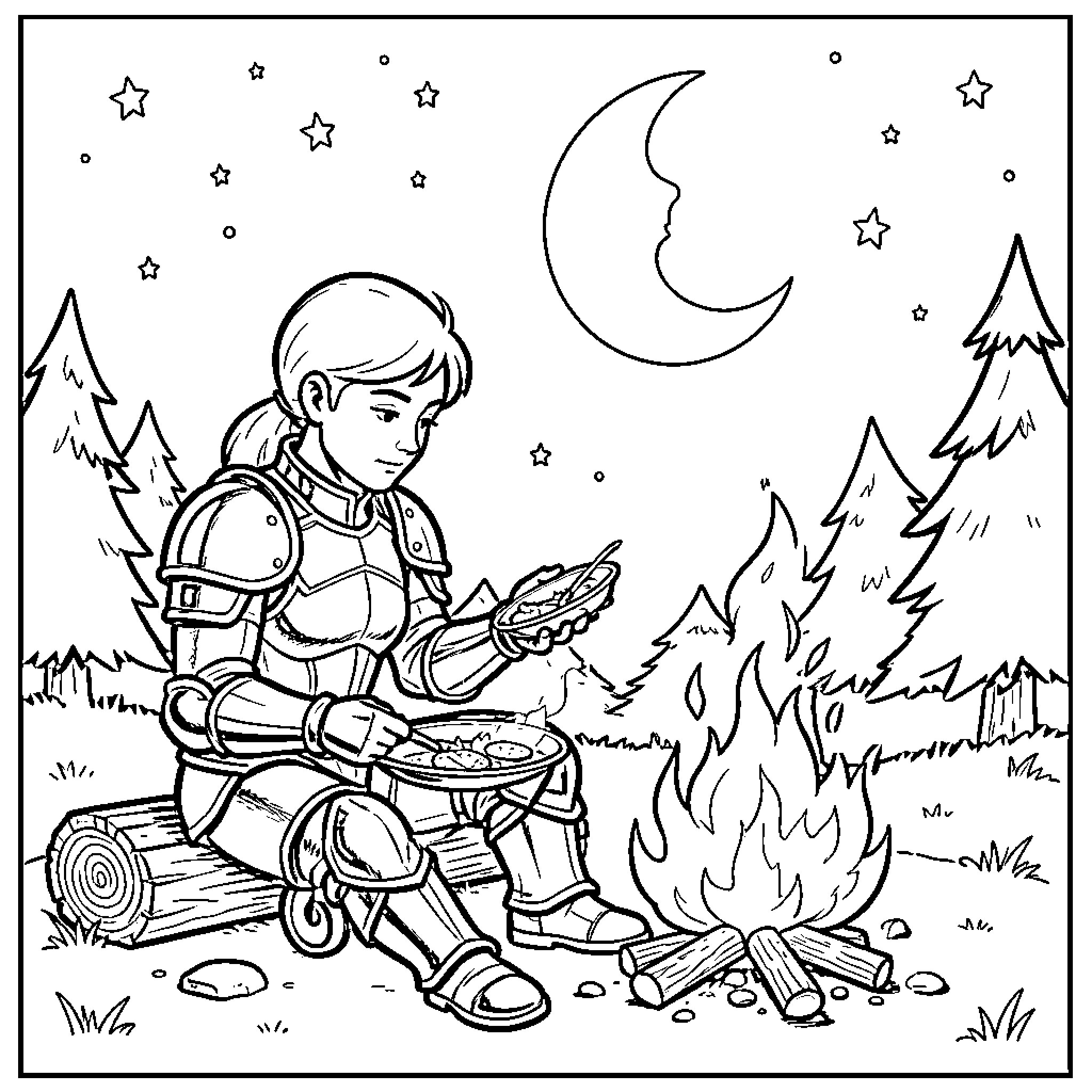Person in armor eating by a campfire at night Coloring Page (free black-and-white line drawing printable PDF for all, from beginners to advanced learners, including children, teens, adults, and seniors)