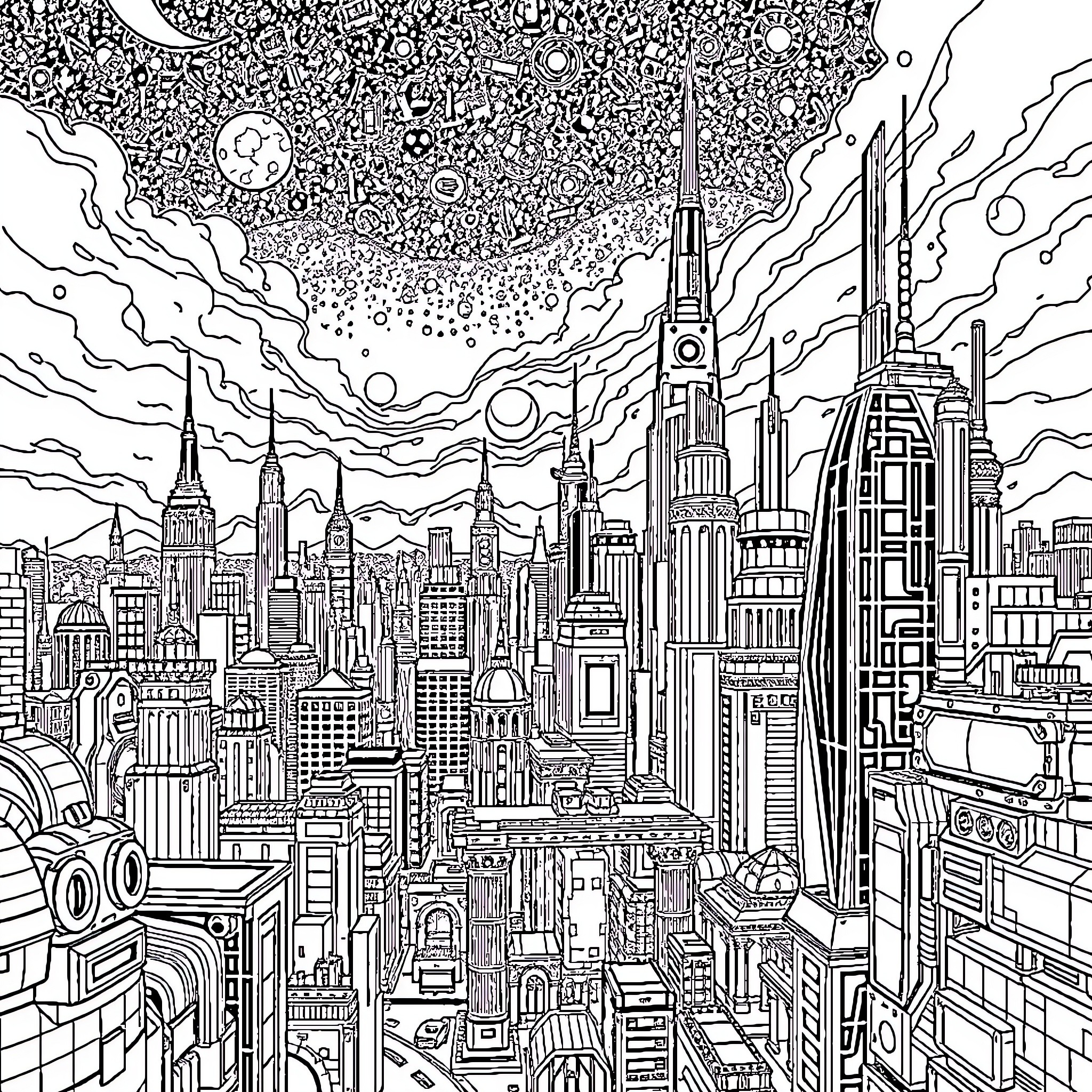 Exodia - Futuristic Metropolis Skyline Coloring Page (free black-and-white line drawing printable PDF for all, from beginners to advanced learners, including children, teens, adults, and seniors)