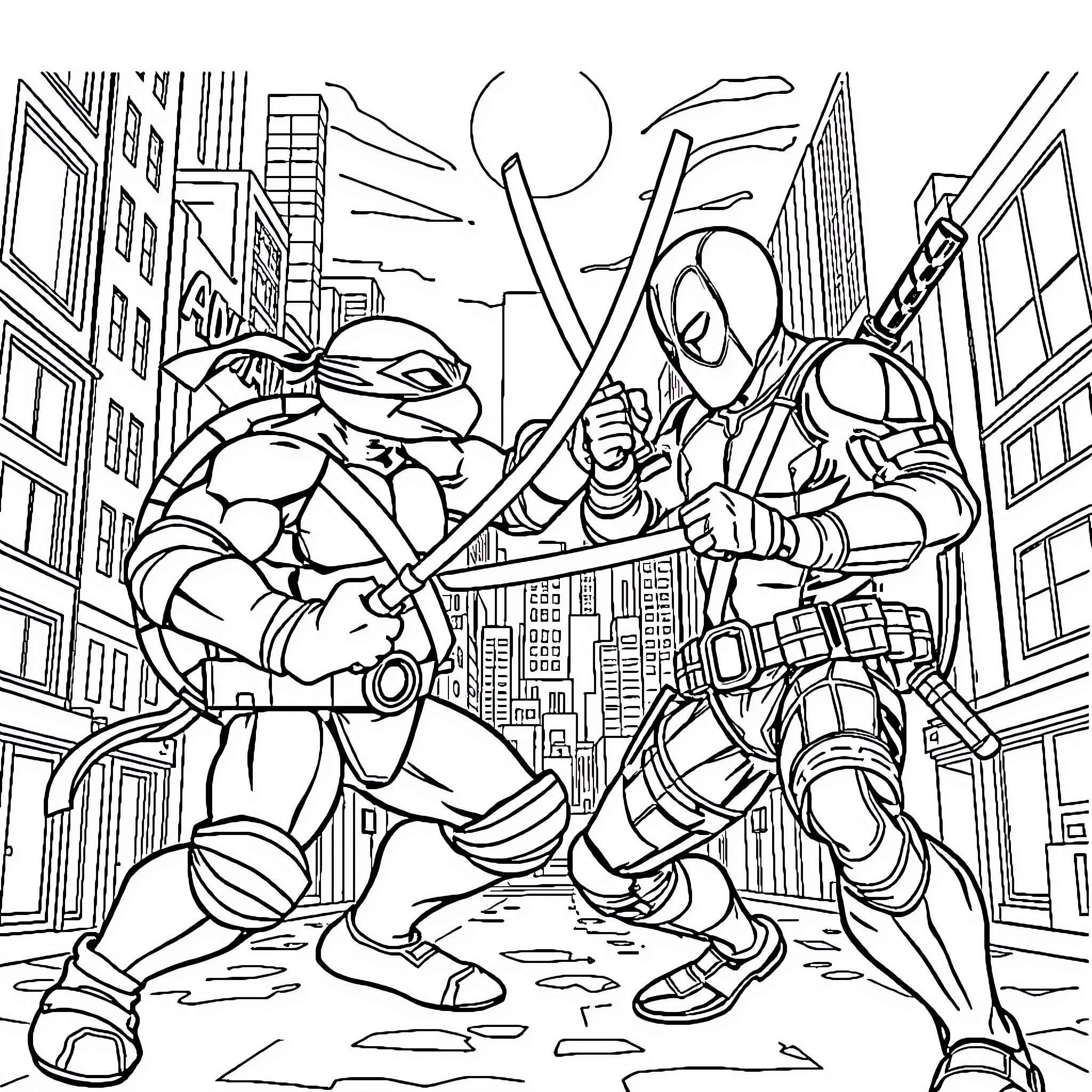 Ninja Turtle Heroes Battling in the City Streets Coloring Page (free black-and-white line drawing printable PDF for all, from beginners to advanced learners, including children, teens, adults, and seniors)