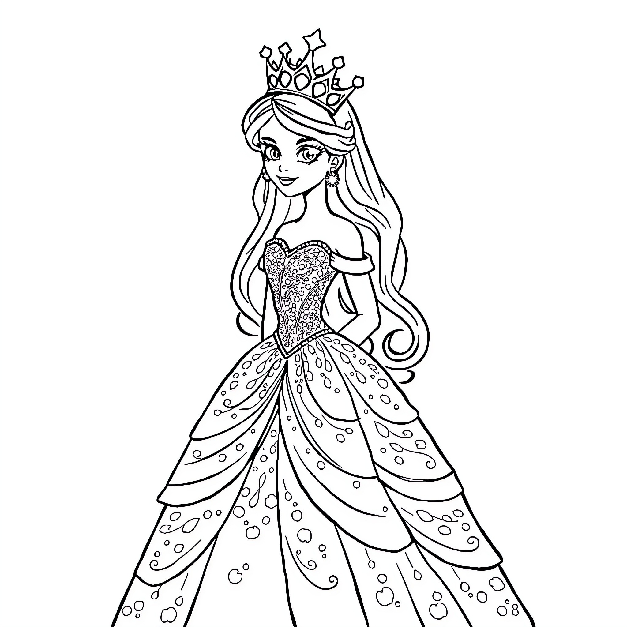 Princess in Elegant Gown and Crown Coloring Page (free black-and-white line drawing printable PDF for all, from beginners to advanced learners, including children, teens, adults, and seniors)