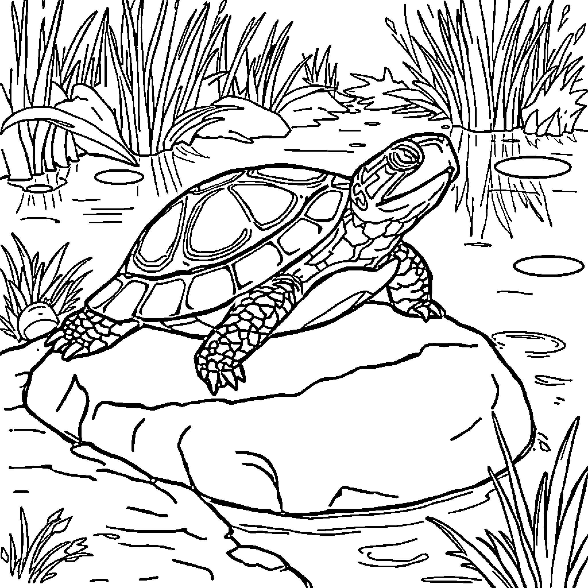 Turtle resting on a rock in the pond Coloring Page (free black-and-white line drawing printable PDF for all, from beginners to advanced learners, including children, teens, adults, and seniors)