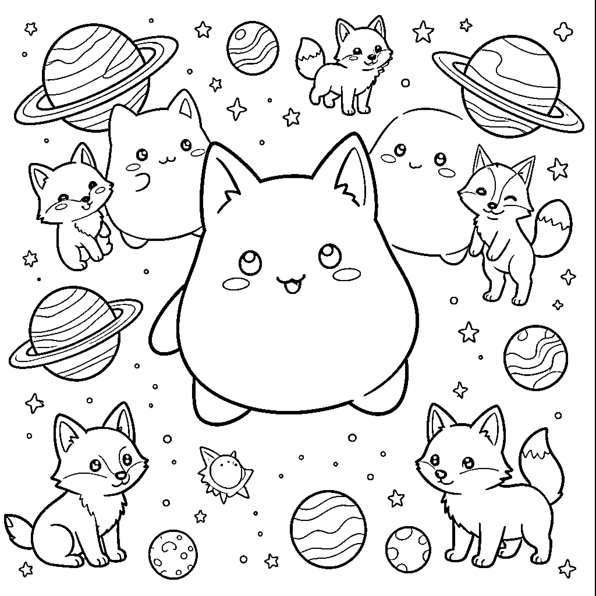 Squishmallow foxes floating among planets and stars Coloring Page (free black-and-white line drawing printable PDF for all, from beginners to advanced learners, including children, teens, adults, and seniors)