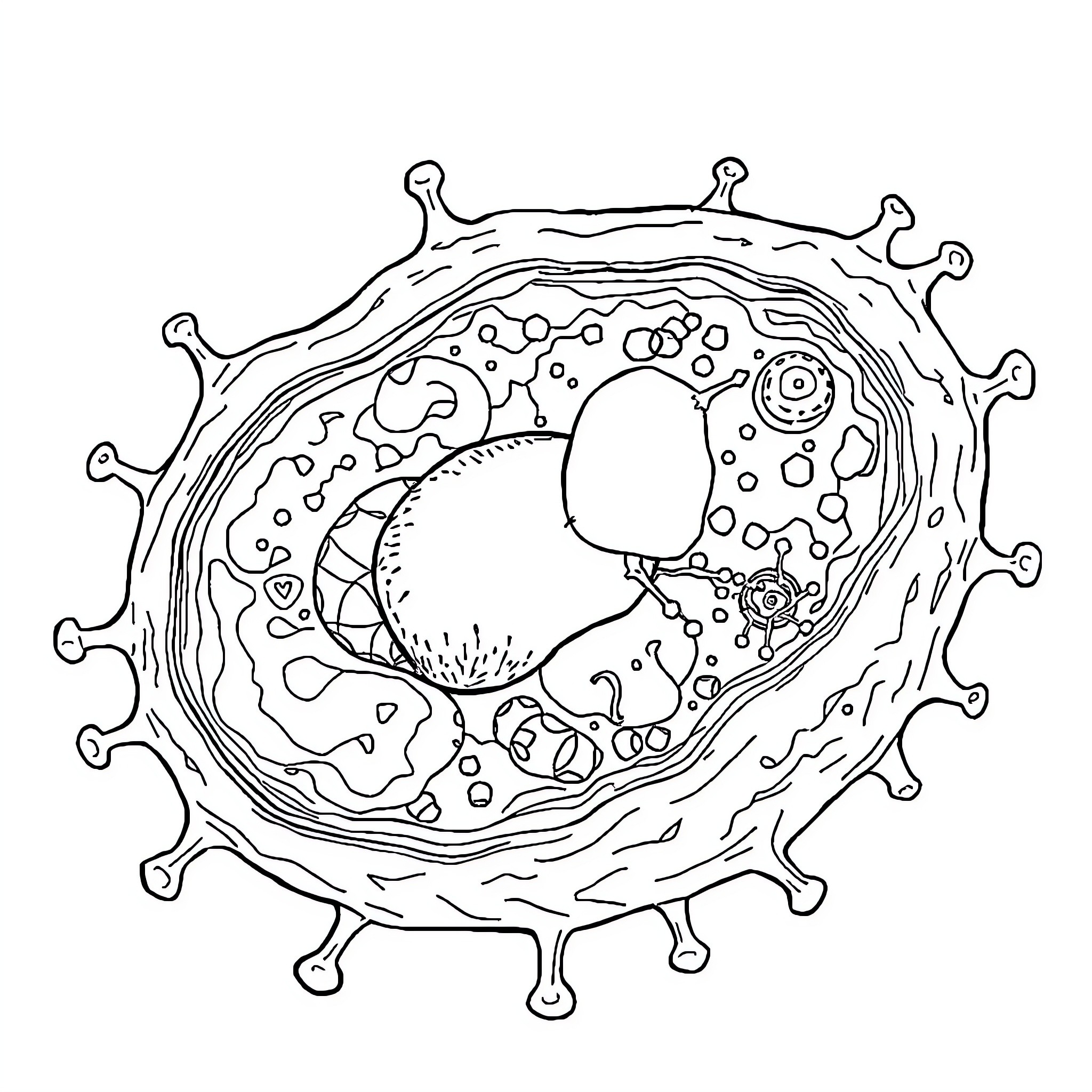 Cell dividing with complex internal structures Coloring Page (free black-and-white line drawing printable PDF for all, from beginners to advanced learners, including children, teens, adults, and seniors)
