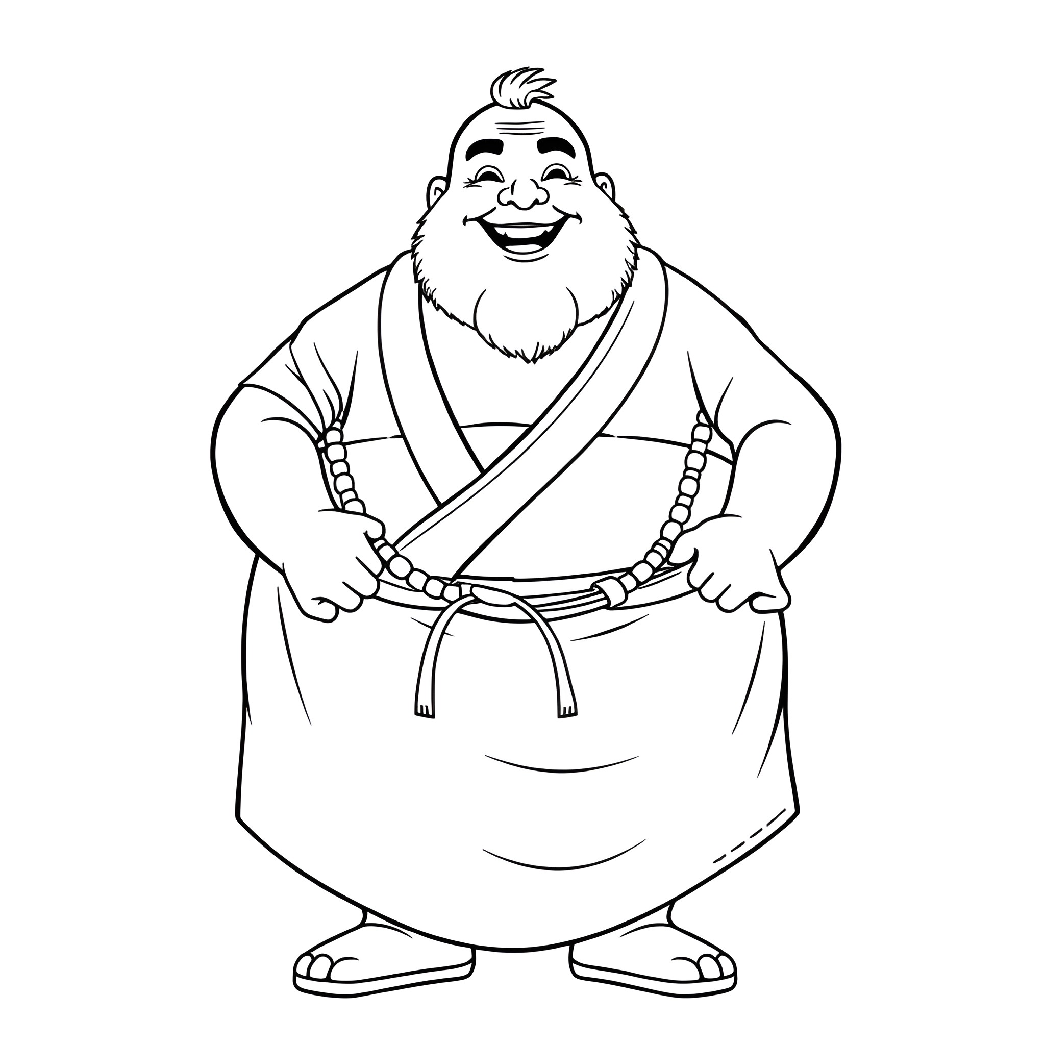 Man in traditional Japanese robe smiling happily Coloring Page (free black-and-white line drawing printable PDF for all, from beginners to advanced learners, including children, teens, adults, and seniors)