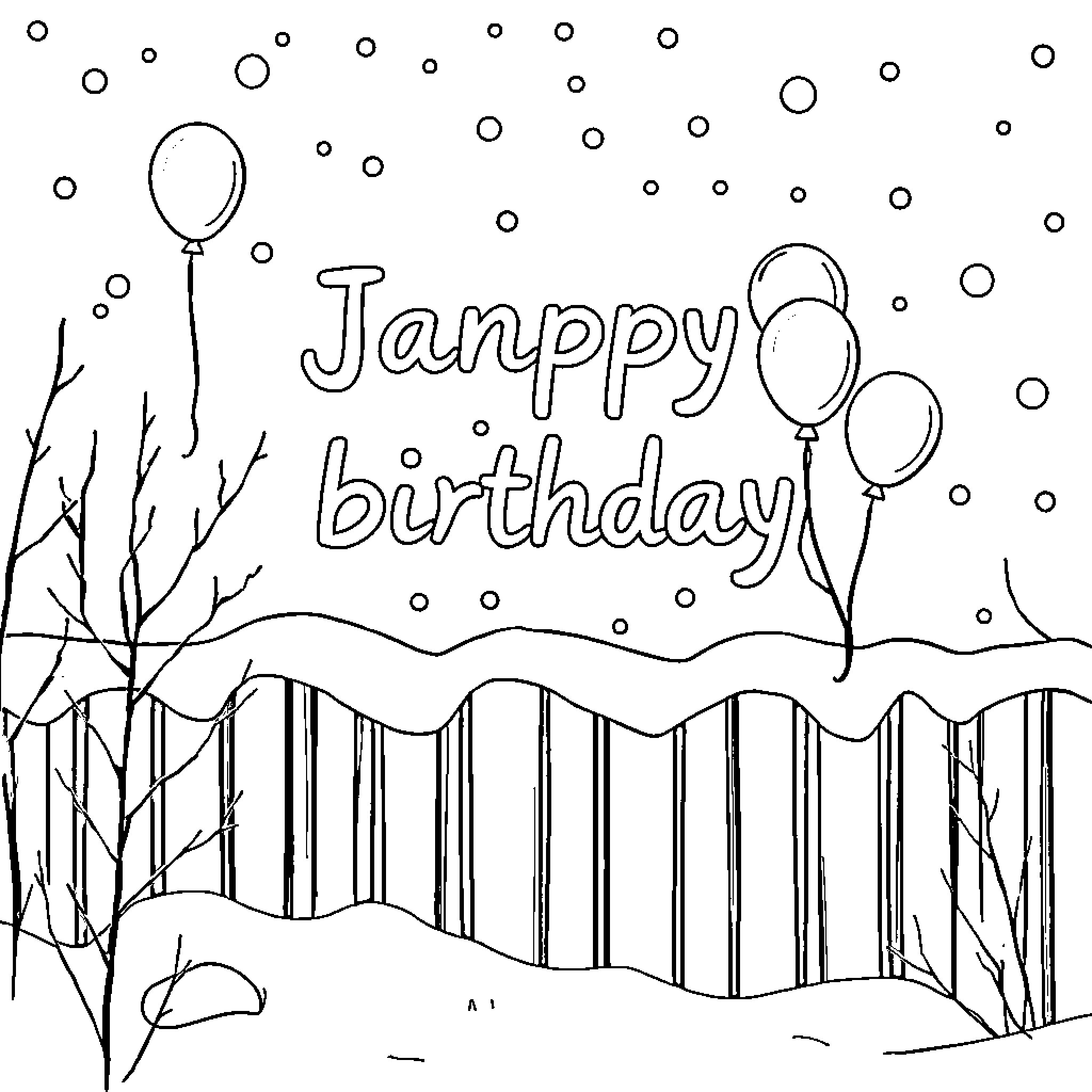 Birthday party with balloons and winter scenery Coloring Page (free black-and-white line drawing printable PDF for all, from beginners to advanced learners, including children, teens, adults, and seniors)