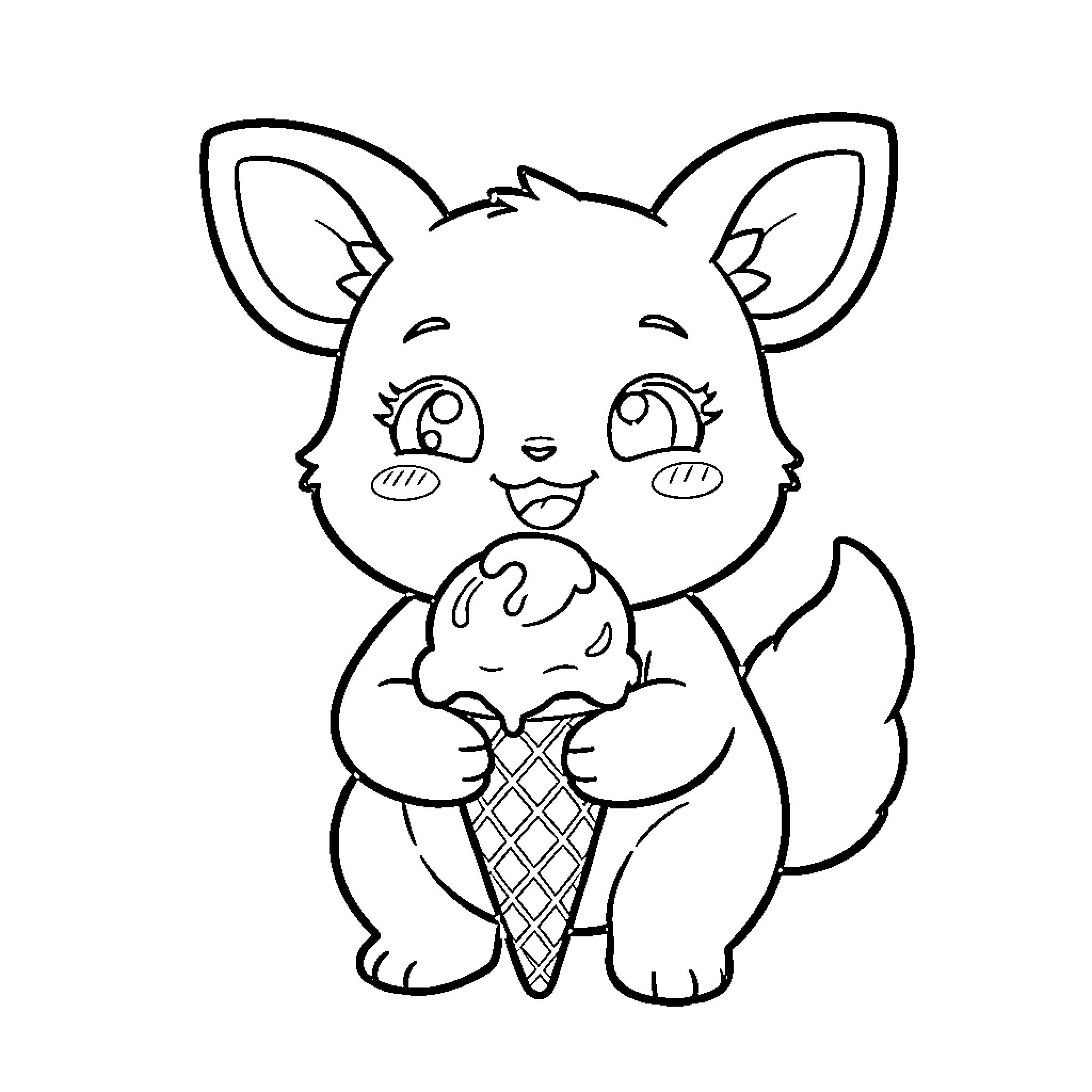 Labubu happily eating a large ice cream cone Coloring Page (free black-and-white line drawing printable PDF for all, from beginners to advanced learners, including children, teens, adults, and seniors)