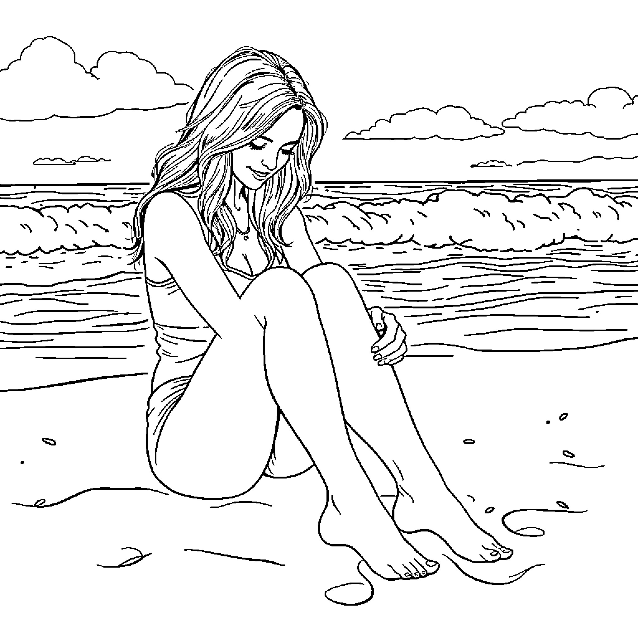 Woman contemplating on the beach Coloring Page (free black-and-white line drawing printable PDF for all, from beginners to advanced learners, including children, teens, adults, and seniors)