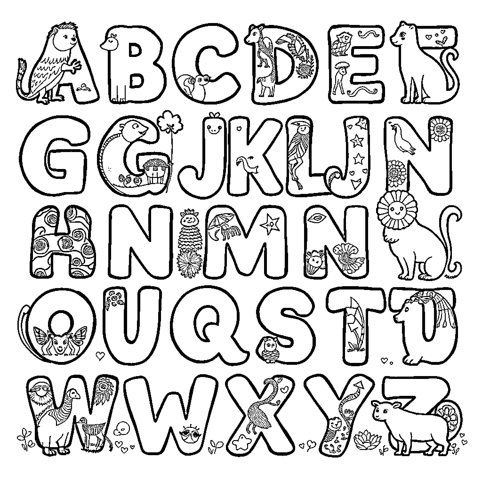 Alphabet animals playing and exploring Coloring Page (free black-and-white line drawing printable PDF for all, from beginners to advanced learners, including children, teens, adults, and seniors)