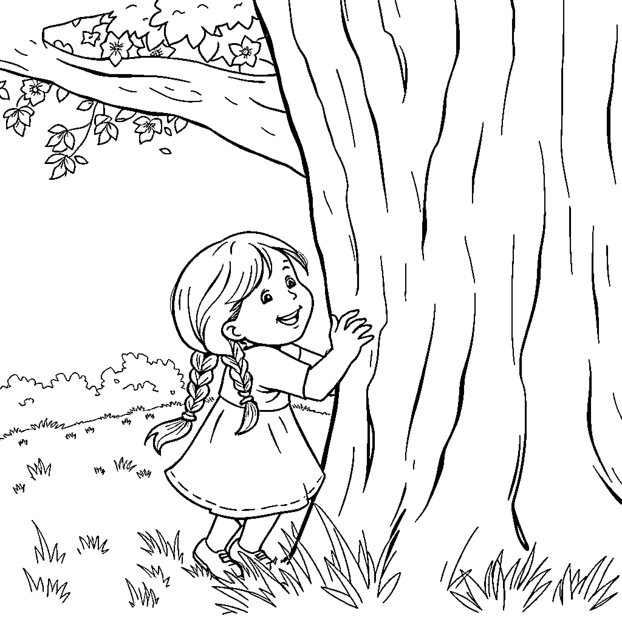 Girl exploring the forest with curiosity Coloring Page (free black-and-white line drawing printable PDF for all, from beginners to advanced learners, including children, teens, adults, and seniors)