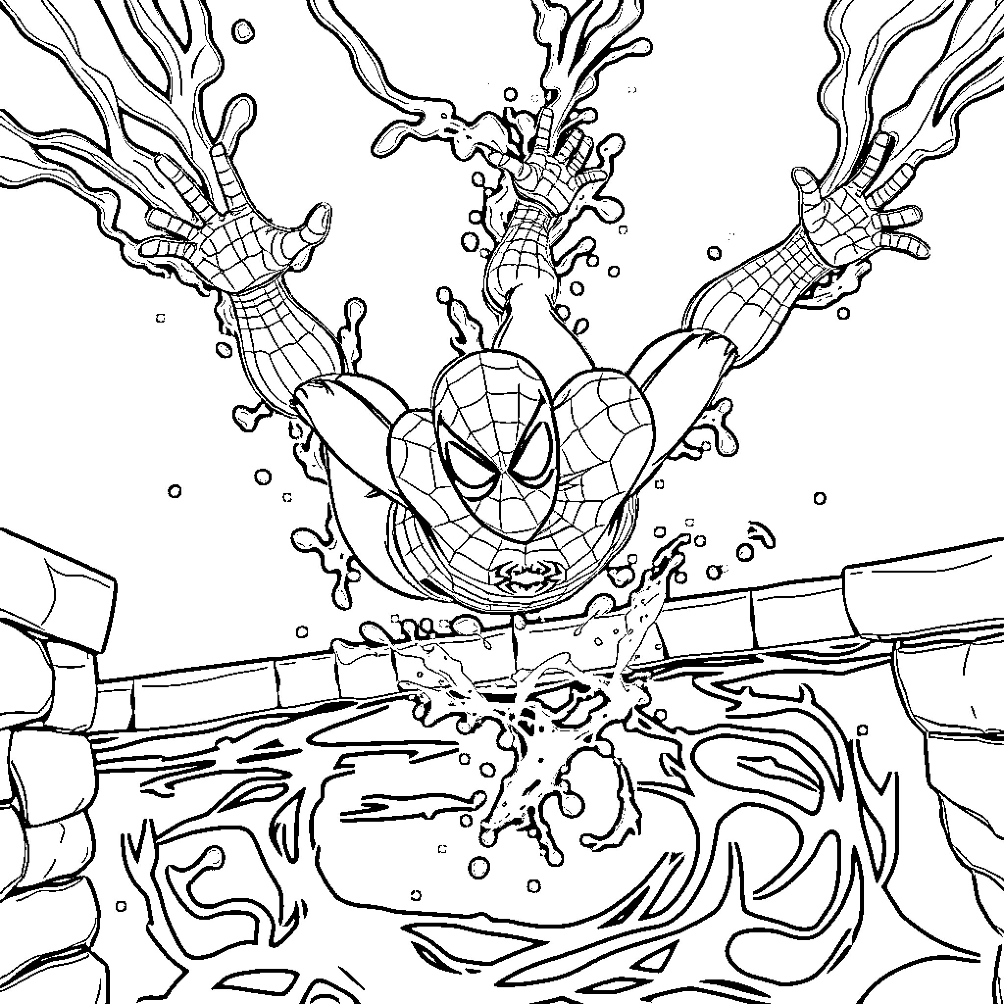 Spiderman swinging dynamically through the city Coloring Page (free black-and-white line drawing printable PDF for all, from beginners to advanced learners, including children, teens, adults, and seniors)