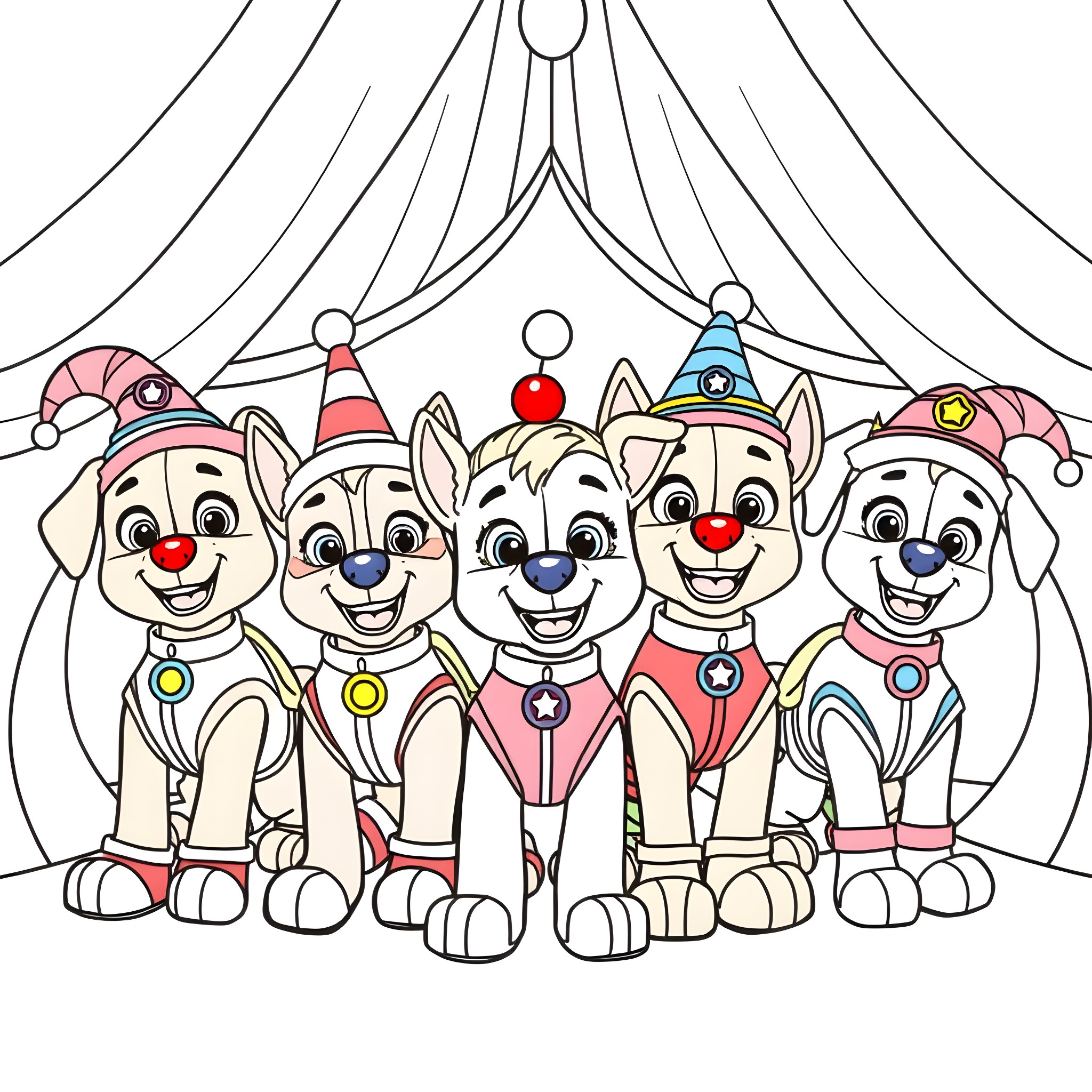 Puppy pals in colorful circus outfits Coloring Page (free black-and-white line drawing printable PDF for all, from beginners to advanced learners, including children, teens, adults, and seniors)